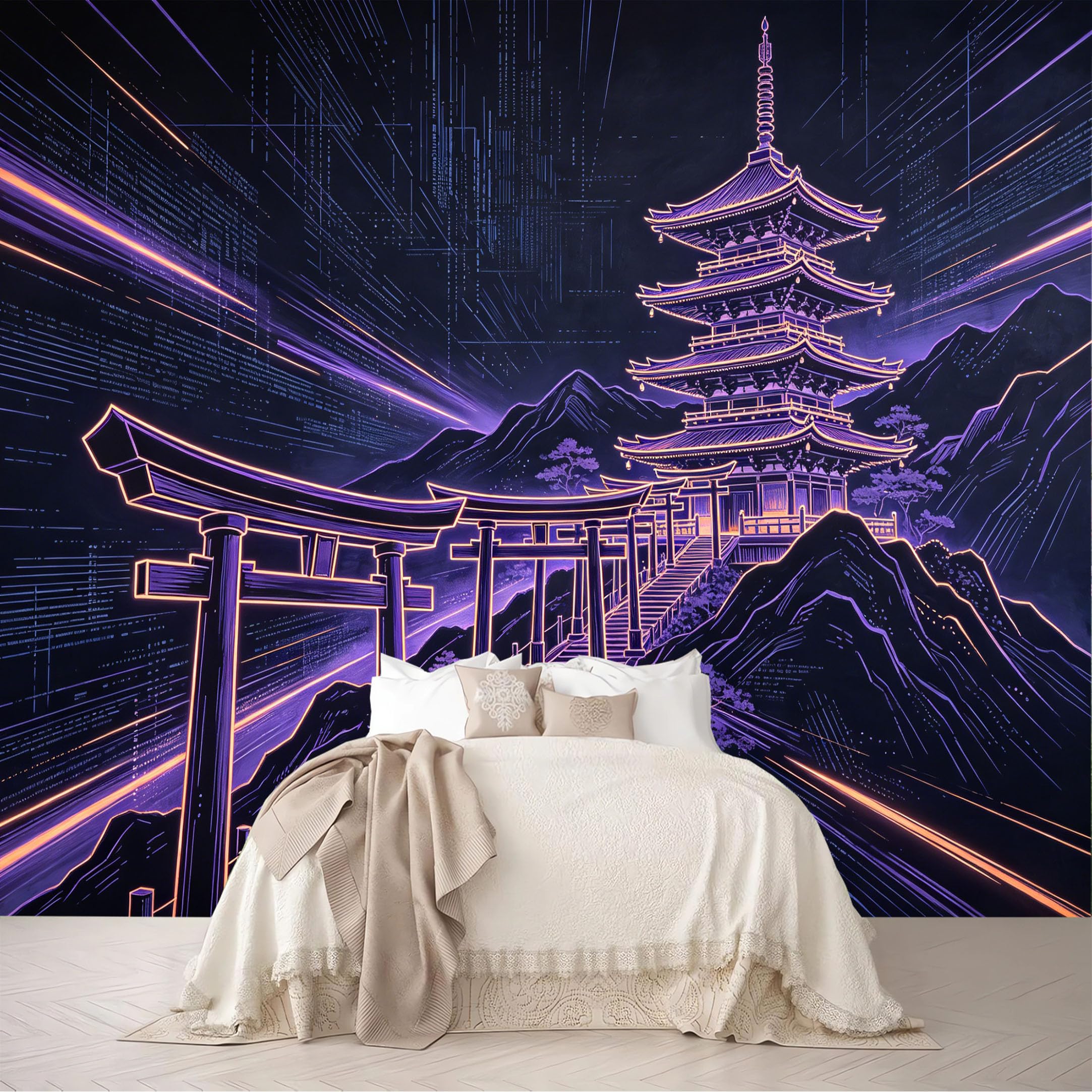 Dskjoviality Ab260706059 Custom Size Wall Mural Neon Torii Gate Pagoda Mountain Cyber Night Scenery Removable Self Adhesive Peel And Stick Wallpaper For Bedroom Living Room