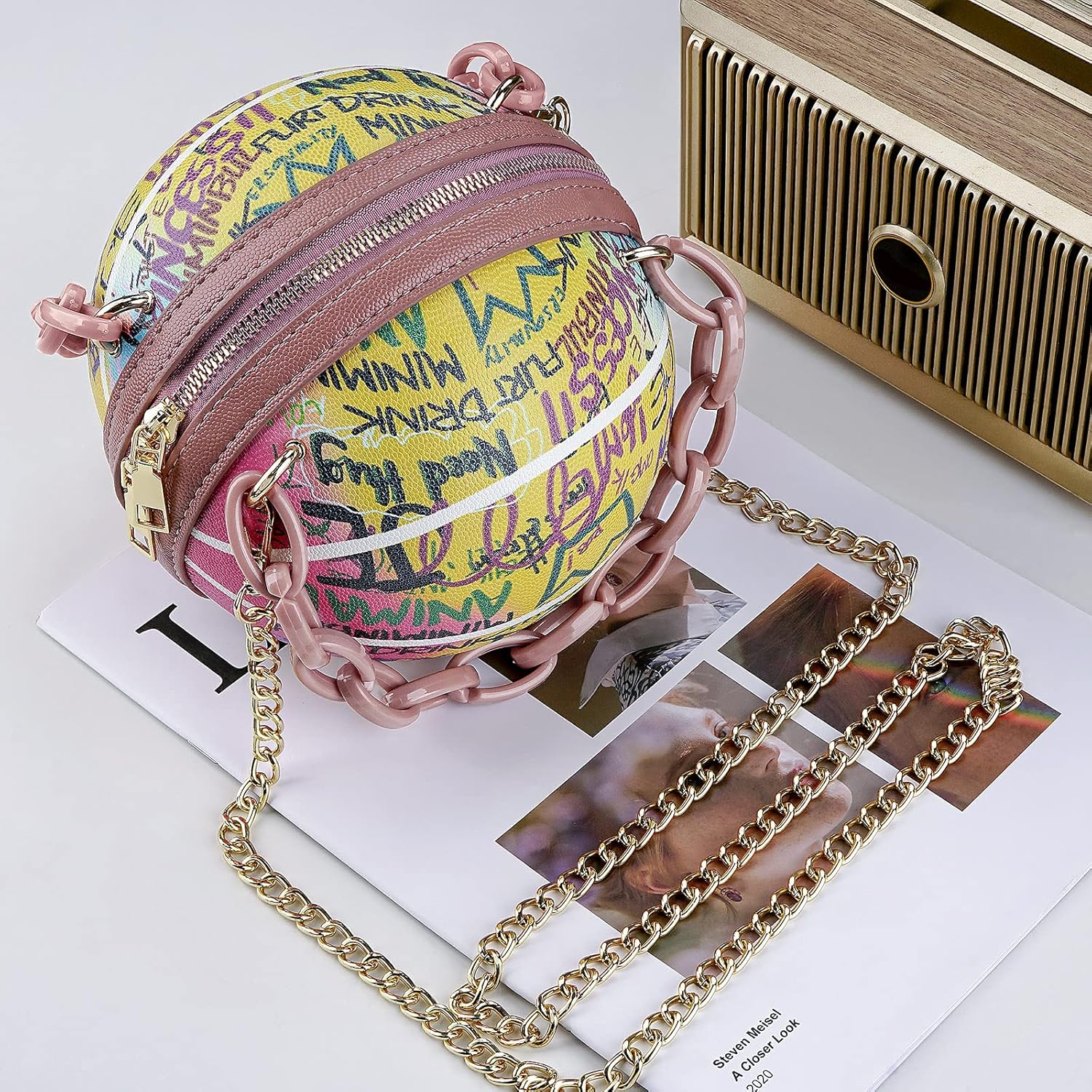 Linkidea Mini Basketball Shaped Purses for Women, Graffiti Letter Girls Small Cute Round Bag, Fashion Vegan Leather Shoulder Crossbody Messenger Handbag (Pink)