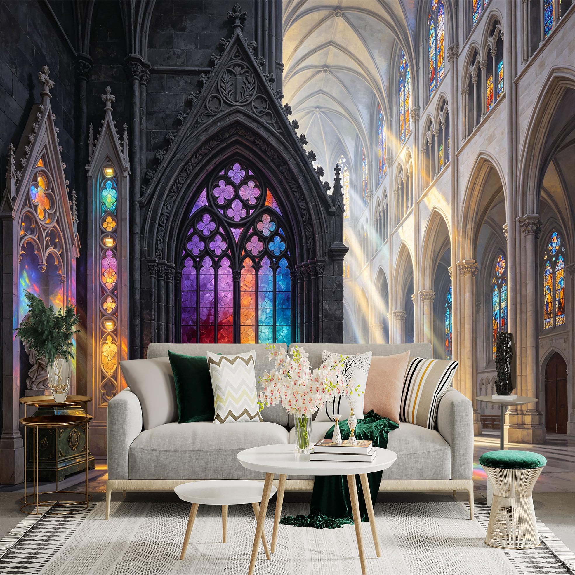 Custom Size Wall Sticker Mural， Gothic Cathedral Interior with Colorful Stained Glass and Sunlight Rays， for wall Decoration， peelandstick wall Decals.