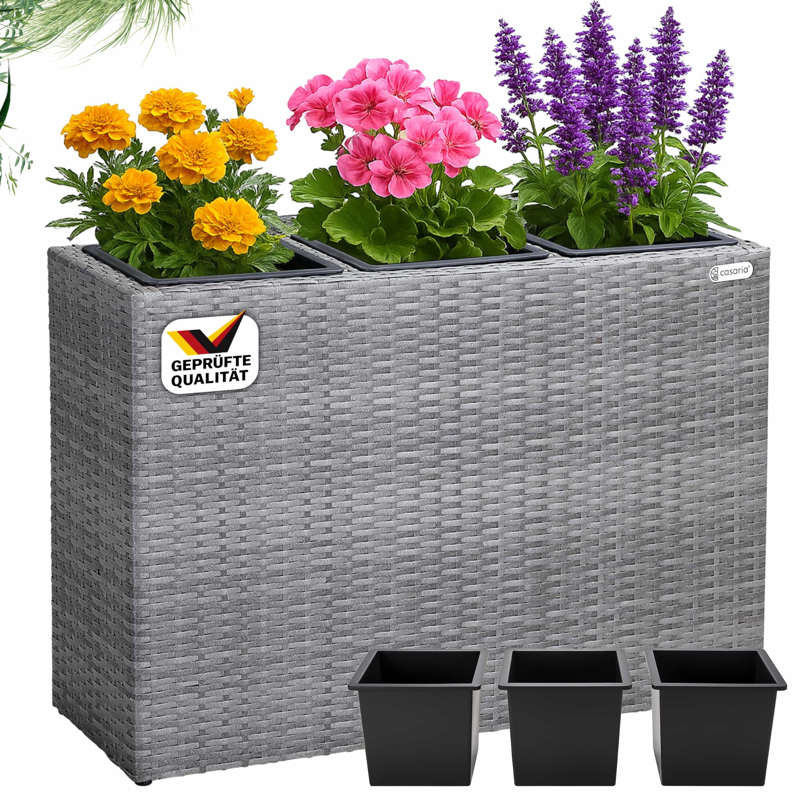 CASARIA Bac à Fleurs Polyrotin Gris | Jardinière Verticale, Dimensions: 83x30,5x60 cm, Intérieur et Extérieur, 3x Pots Amovibles, Aspect Rotin, avec Drainage