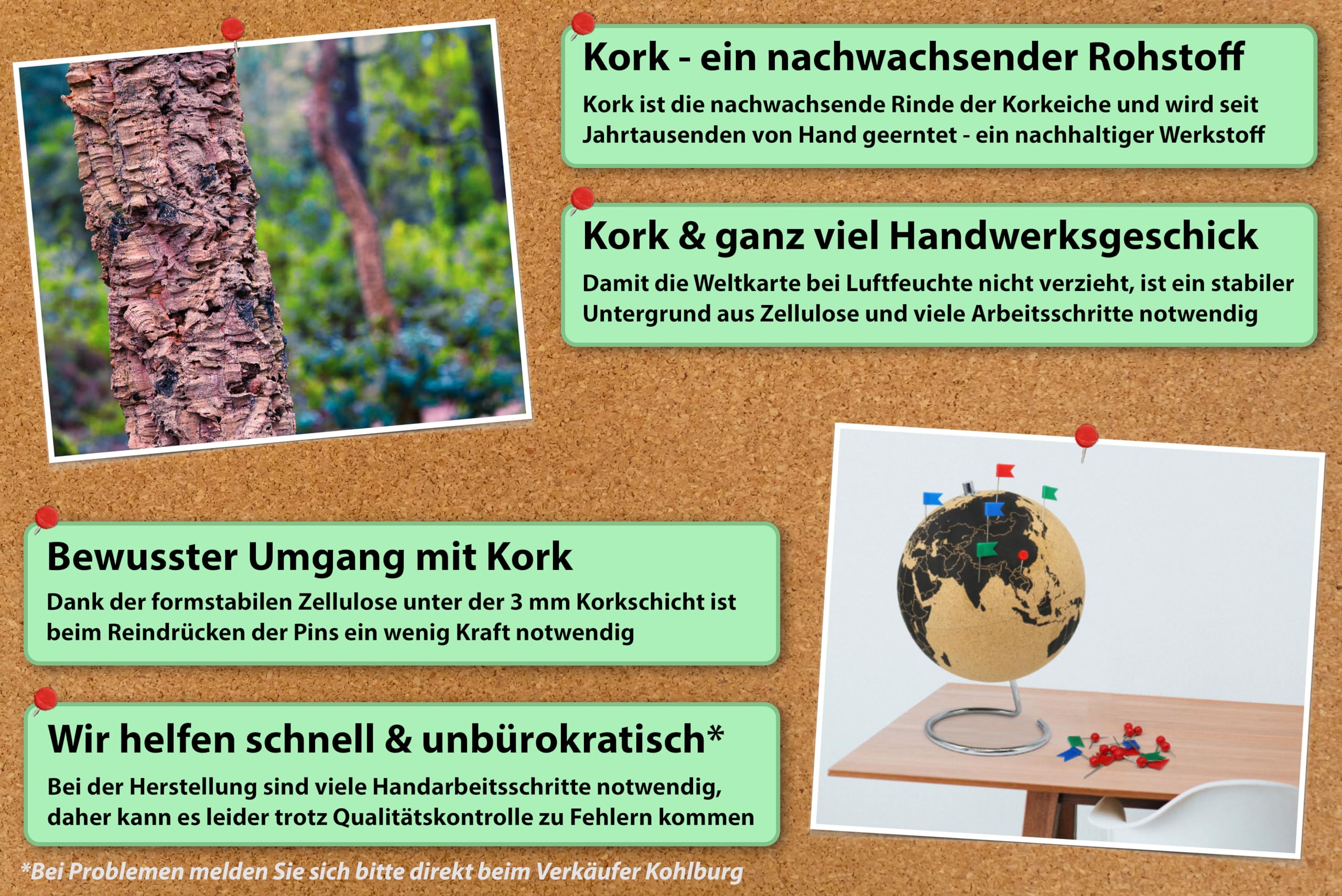 Drehbarer Korkglobus mit 104 Pins - Globus aus Kork 25cm hoch zum Pinnen - stilvolle Weltkugel mit Pinnadeln als Geschenkidee - Weltkarte Kork Globus - Cork Globe als Geschenk für Weltenbummler