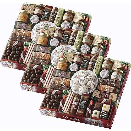 3 Red Gift Boxes - The Swiss Colony 27 Favorites Food Gift Set, Summer Sausage Meats and Cheeses Assorted Chocolates, Candies, Petits Fours, Cheese & Charcuterie Board Gifts Basket, Holiday, Christmas