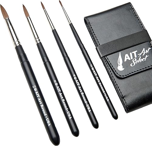 AIT Art Select - Juego de 4 pinceles sintéticos de Sable - Hecho a mano en Estados Unidos - Juego de viaje compacto