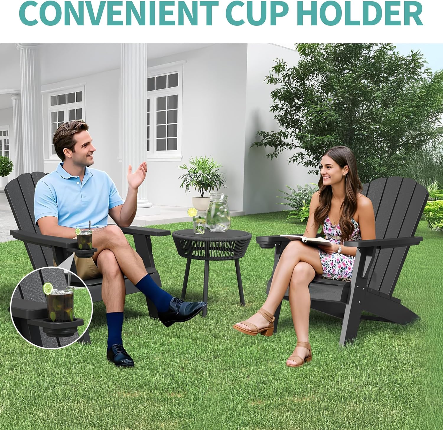 NUNU LAB Oversized Adirondack Chair Weather Resistant with Cup Holder, Black Outdoor Patio Chair, HDPE Adirondack Chairs for Patio, Law, Garden, Camping - Easy Installation