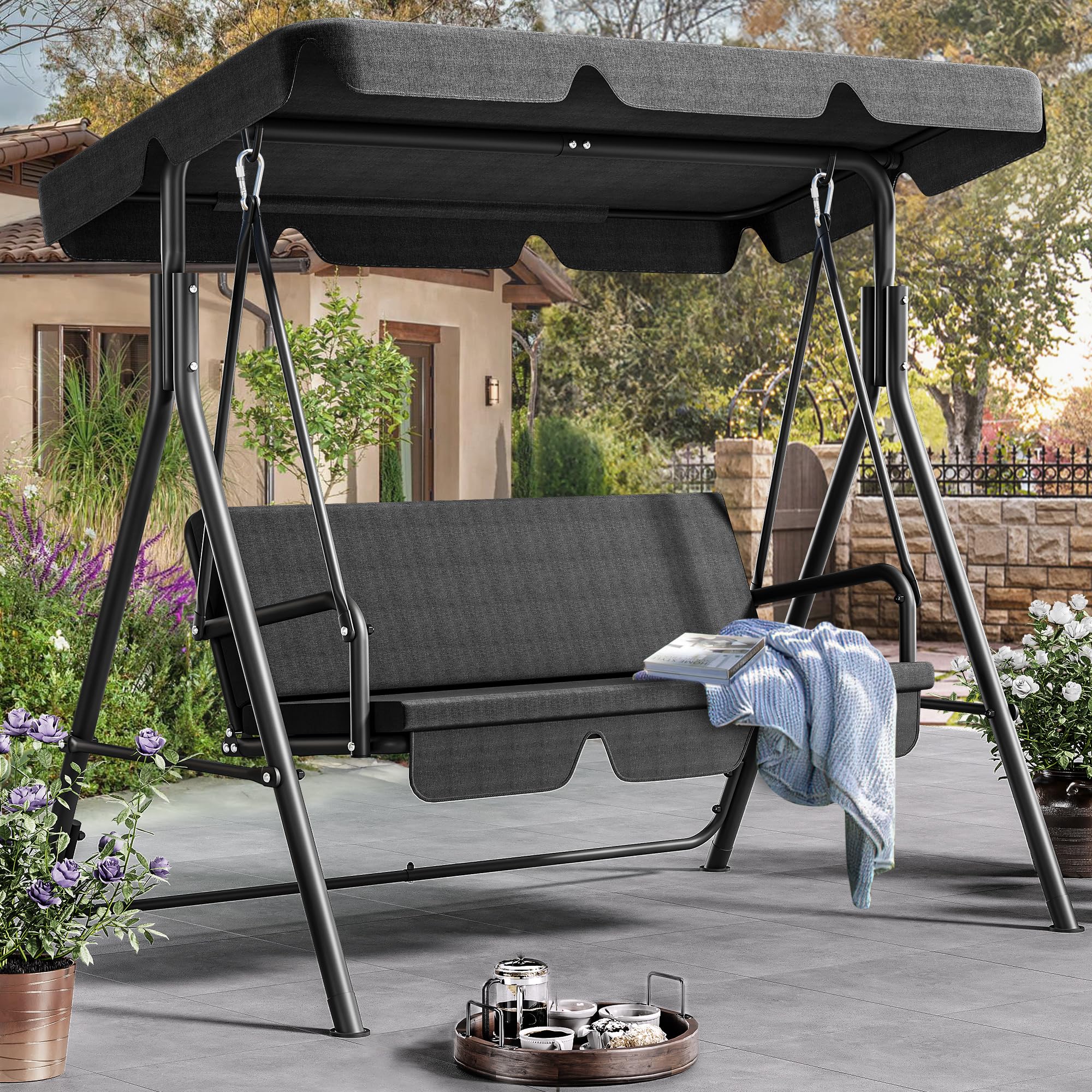 YITAHOME Balancelle de Jardin 3 Places, 170 x 110 x 153 cm, avec Auvent Réglable et Coussin Amovible, Charge 270 kg, Balancelle pour Terrasse, Piscine, Porche