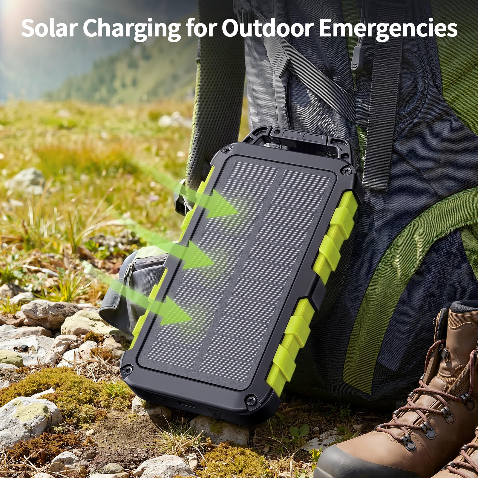 Powerbank solare da 10000 mAh, caricatore solare portatile, USB C, per esterni, impermeabile, batteria esterna con luce LED e 3 uscite per tablet, smartphone, esterni, campeggio, verde