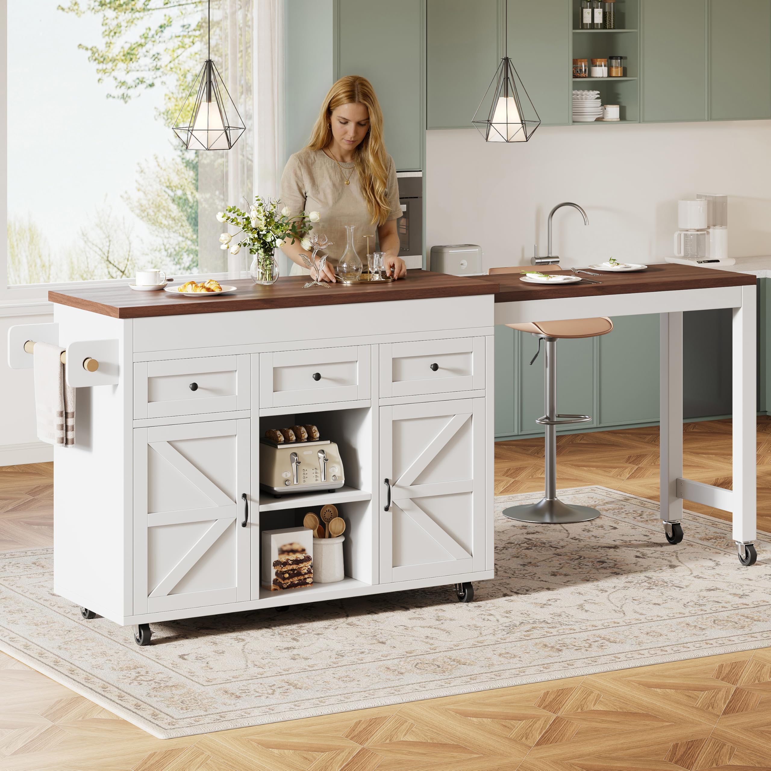 Îlot de Cuisine avec Rangement et Plan de Travail Extensible (131.5-210 cm) - Îlot Central Cuisine Table Bar/Îlot Central Mobile avec Tiroirs et Placards pour Petite Cuisine