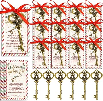 48 Sets Santas Magic Key with Cards & Ribbon, Christmas Eve Ornament for No Chimney Homes, Holiday Tradition Metal Key Decoration, Party Favors, Hanging Ornaments for Christmas Morning