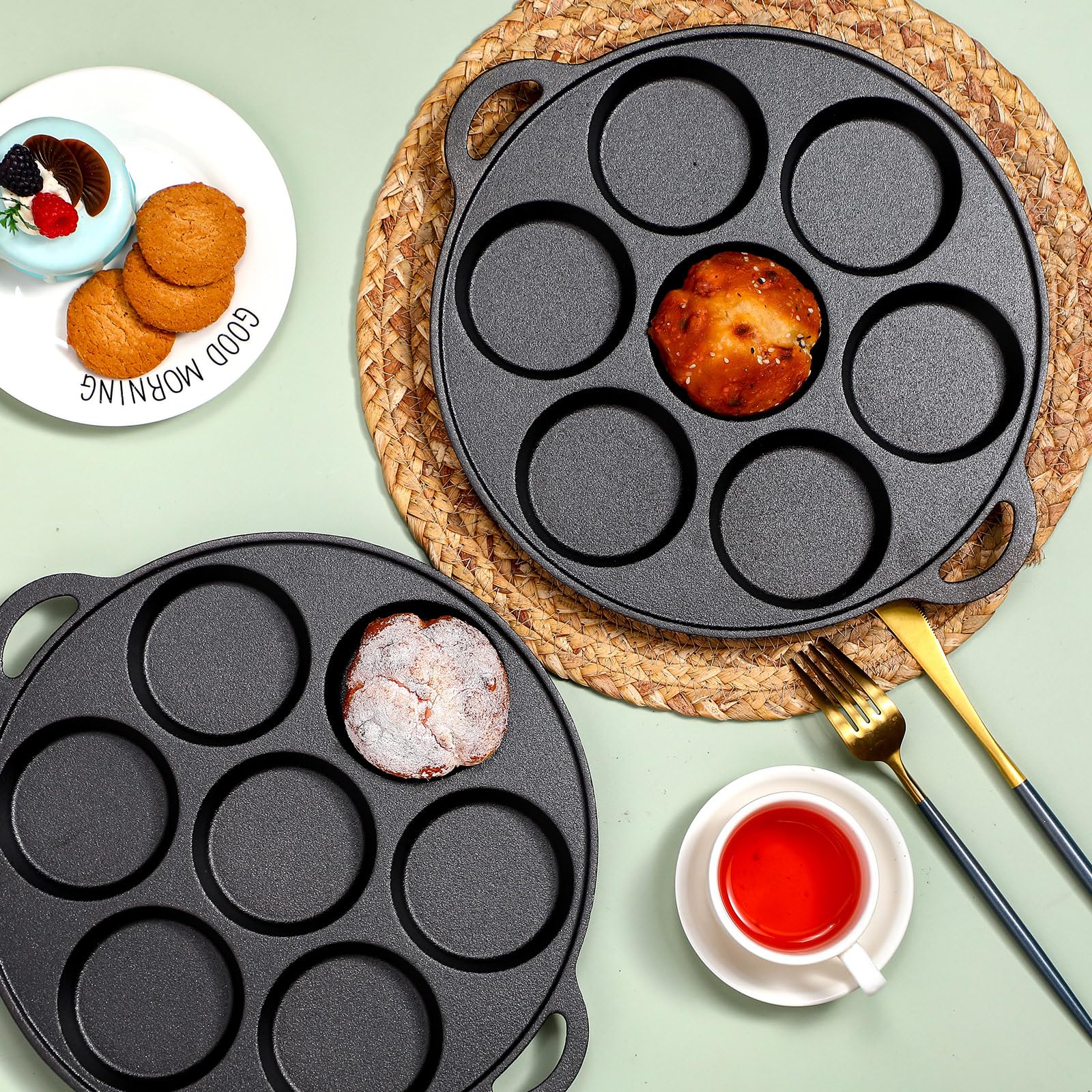 Tioncy 2 Stück Gusseisen-Keksform, Gusseisen, Muffin, gewürzte Mini-Kuchenform, Donut-Kuchenform zum Backen, Ei, Maisbrot, Cupcakes und Dessert (runder Stil)