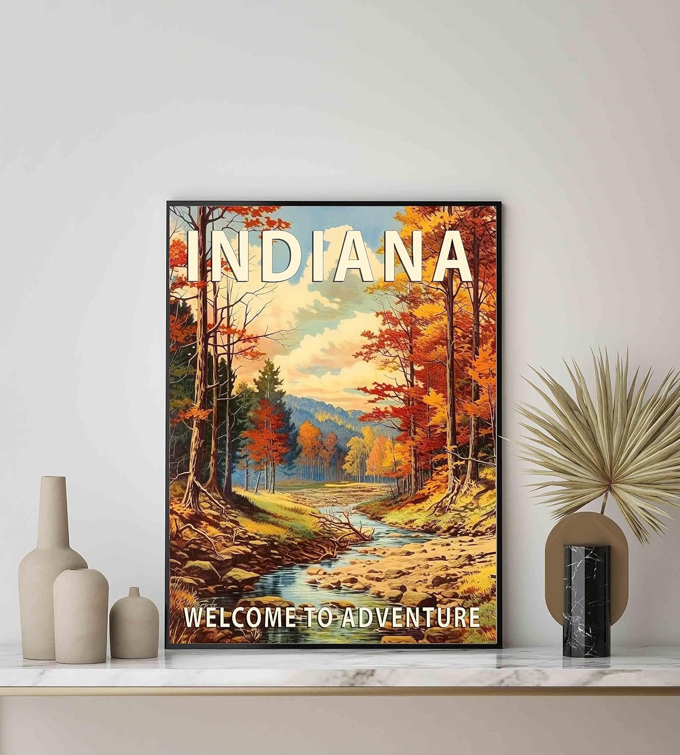 Indiana Poster Art Print, Retro States Landscape Wall art Decor, Adventure Mountain and Scenery Painting for Bedroom, Living Room (Indiana Scenery, 16x20 inches + (Black Frame))