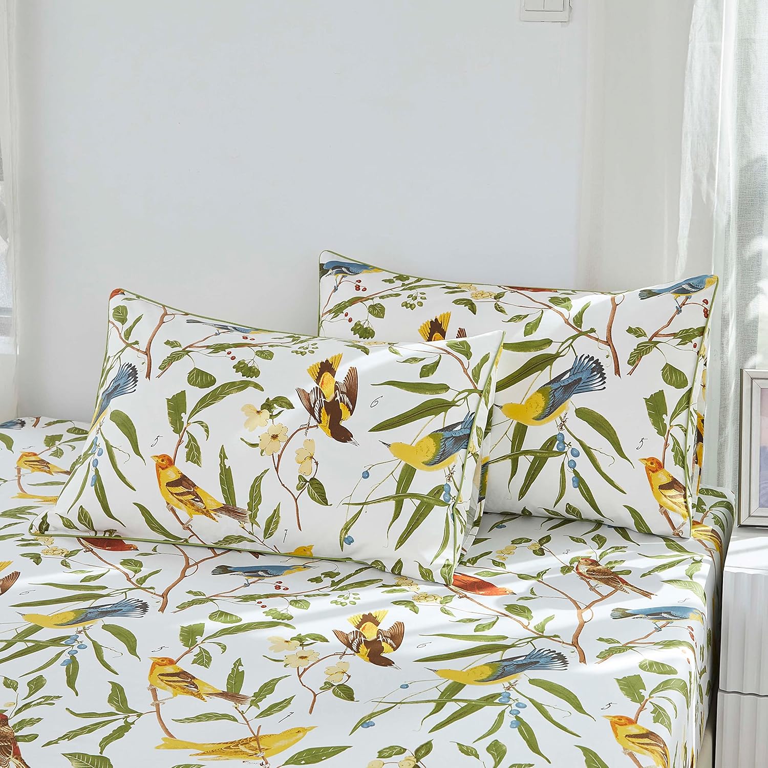 Brandream Eastern Floral Birds Chinoiserie Blossom Print Bed Sheet Set Luxury Bedding Collections 800TC 100% Egyptian Cotton Deep Pocket White Green Botanical Tree Branches Ornamental, 4Pc-Queen Size