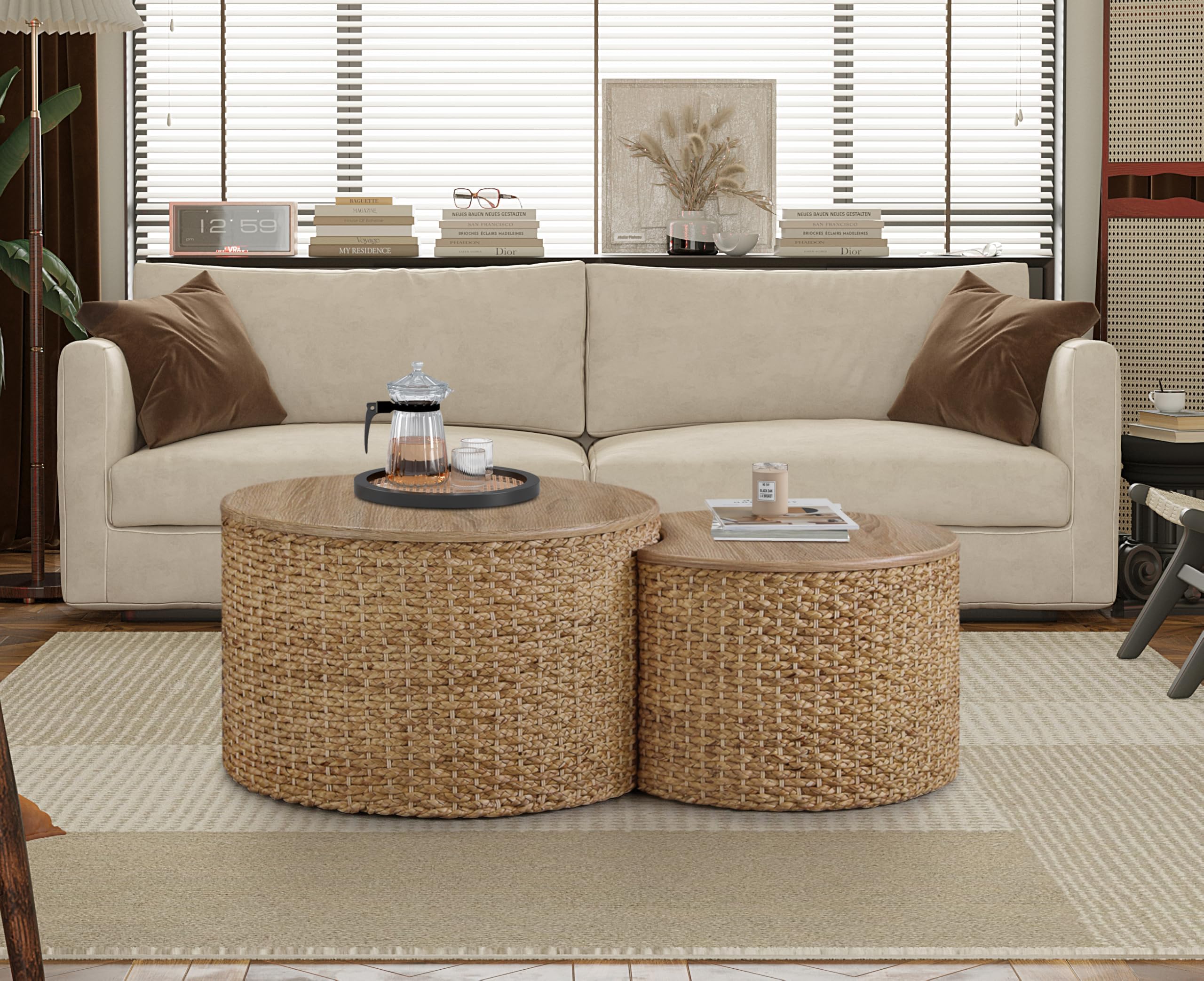 Giofanzo Nesting Coffee Table Set of 2, Coastal Coffee Table with Storage, Woven Coffee Table with Soild Wood Cover, Wicker Coffee Table with Cushion Base