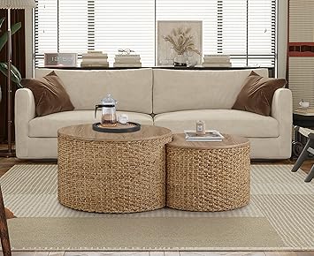Nesting Coffee Table Set of 2, Coastal with Cushion Base