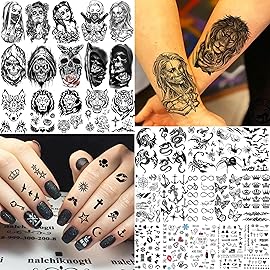 60 Sheets 3D Cool Lion Tiger Temporary Tattoos For Men Women Arm Finger Hands, Small Scary Devil Skull Skeleton Fake Tattoos For Adult Teens Halloween, Black Wolf Dragon Realistic Tatoo Sticker