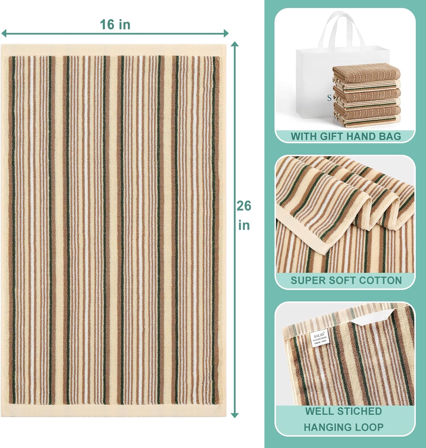 Kitchen Dish Towels for Drying Dishes, Large Cotton Kitchen Towels, Stripped Terry Dish Cloths, Thick Highly Absorbent Towel Sets with Hanging Loop, 16" X 26", 6 Packs,Beige and Solid Color