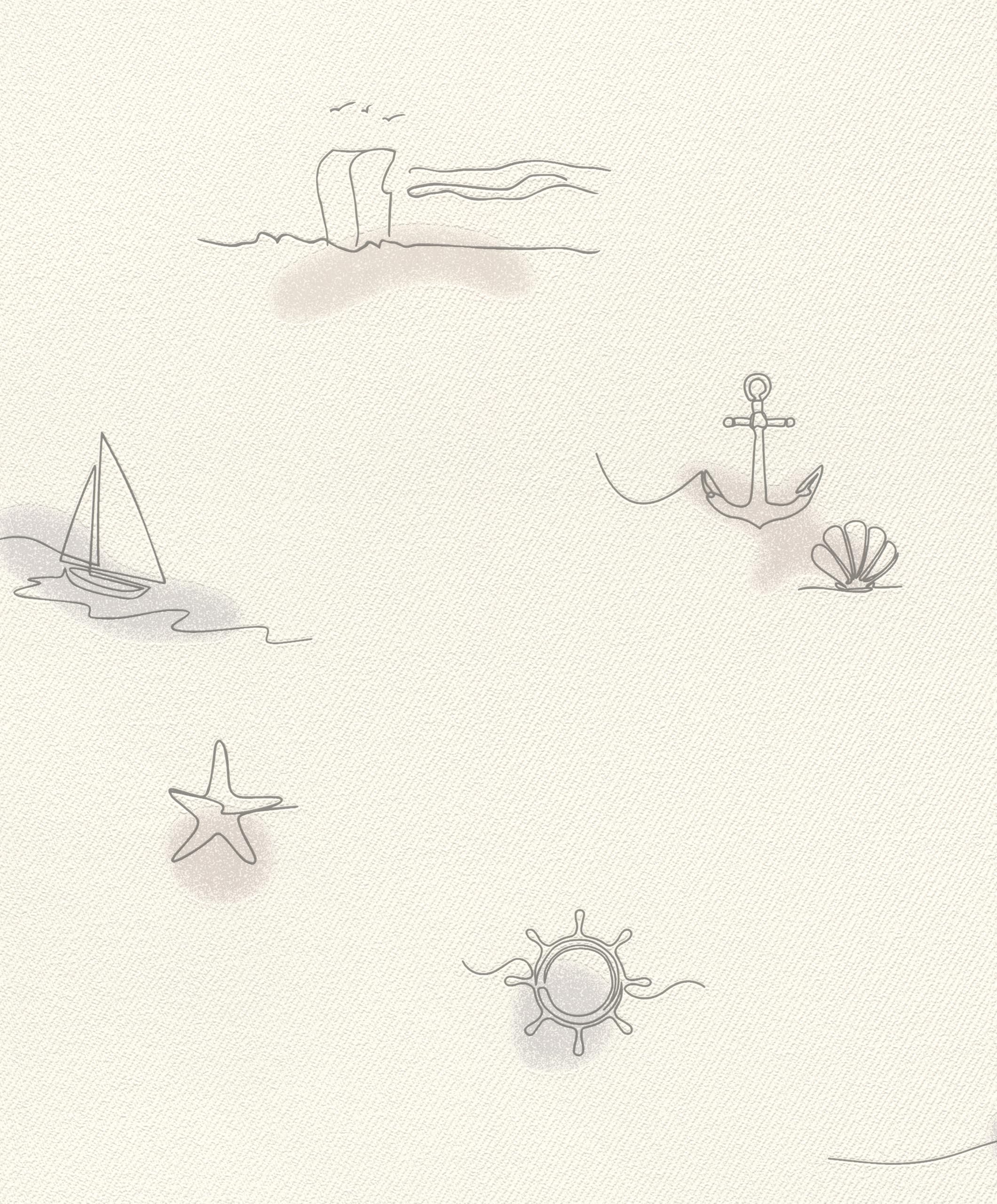 Rasch Beige Non-Woven Wallpaper Anchor, Starfish, Sailboat & Steering Wheel - Textured Wallpaper In For A Maritime Living Ambience - Easy Wallpapering And Paintable - 10.05 M X 0.53 M