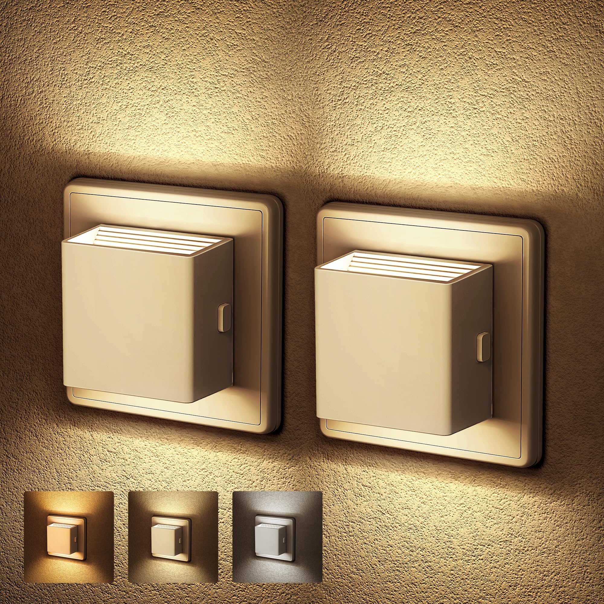 Emeritpro Nachtlicht Steckdose mit Dämmerungssensor, 1W LED Nachtlicht Einstellbare Farbtemperatur(Amber/3000K/5000K), Steckdosenlicht für Kinderzimmer, Schlafzimmer, Flur, Treppe, Küche, 2 Stück