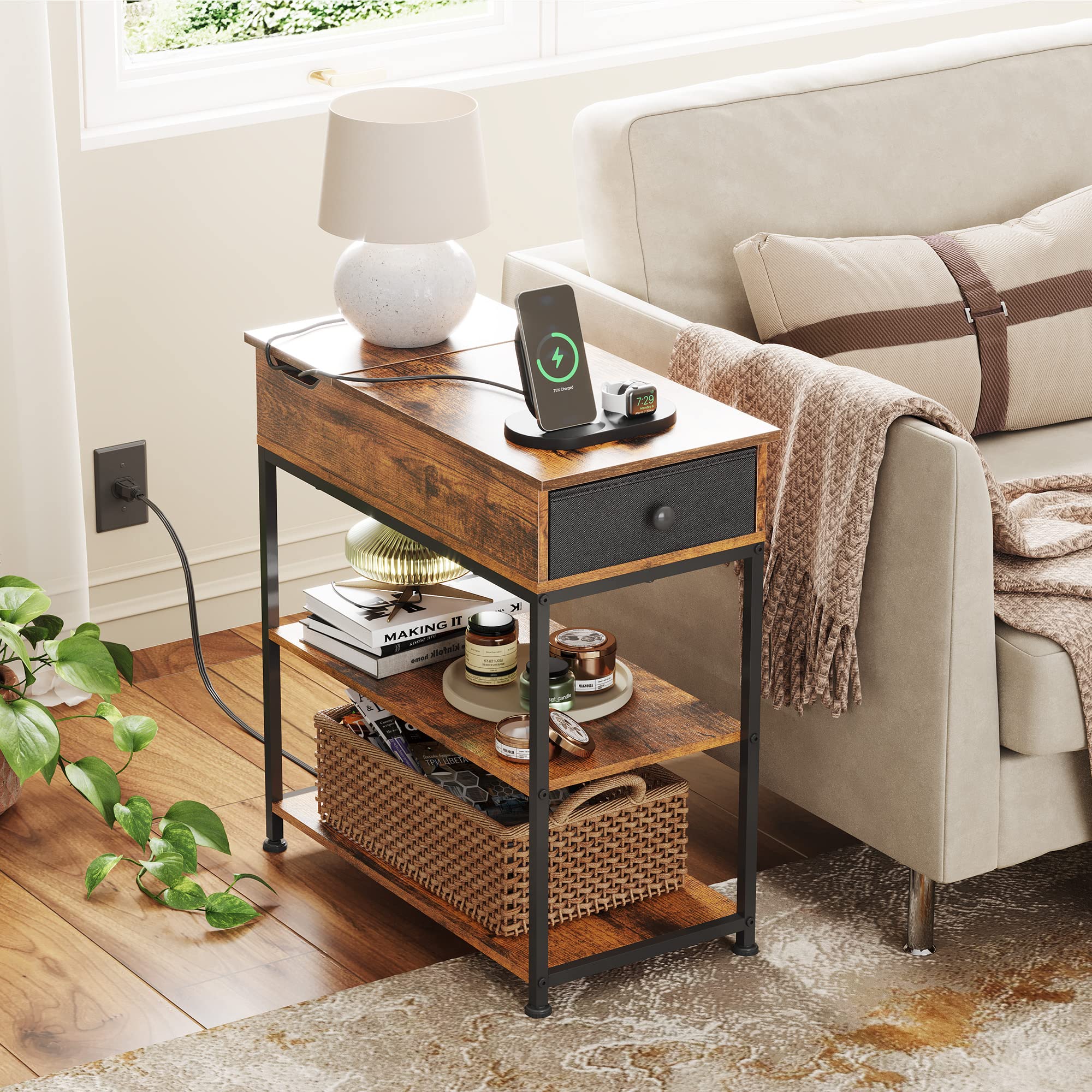 WLIVE Flip Top Side Table with Charging Station, Narrow End Table with USB Ports & Power Outlets, 3-Tier Nightstand with Storage Drawer for Living Room & Bedroom, Rustic Brown