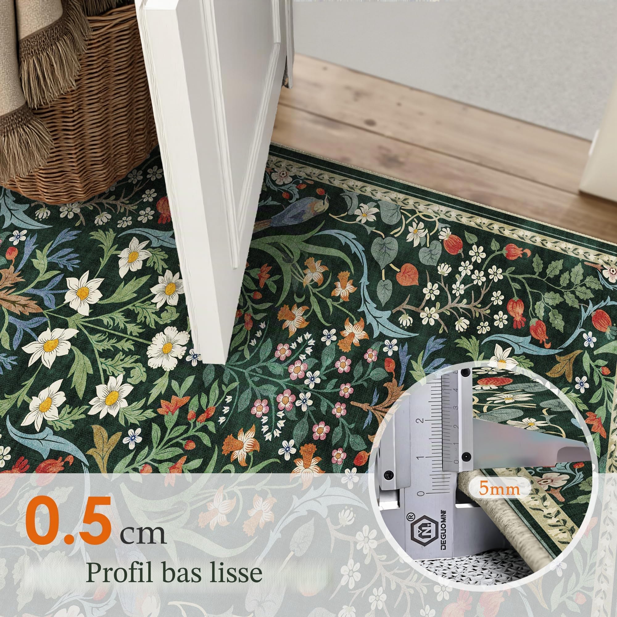 PureCozy Tapis Salon 200x300cm Lavable Motif Floral Poils Courts Antidérapant Doux Boho Vintage Grand Tapis pour Chambre Salle À Manger Bedroom Living Room, Vert