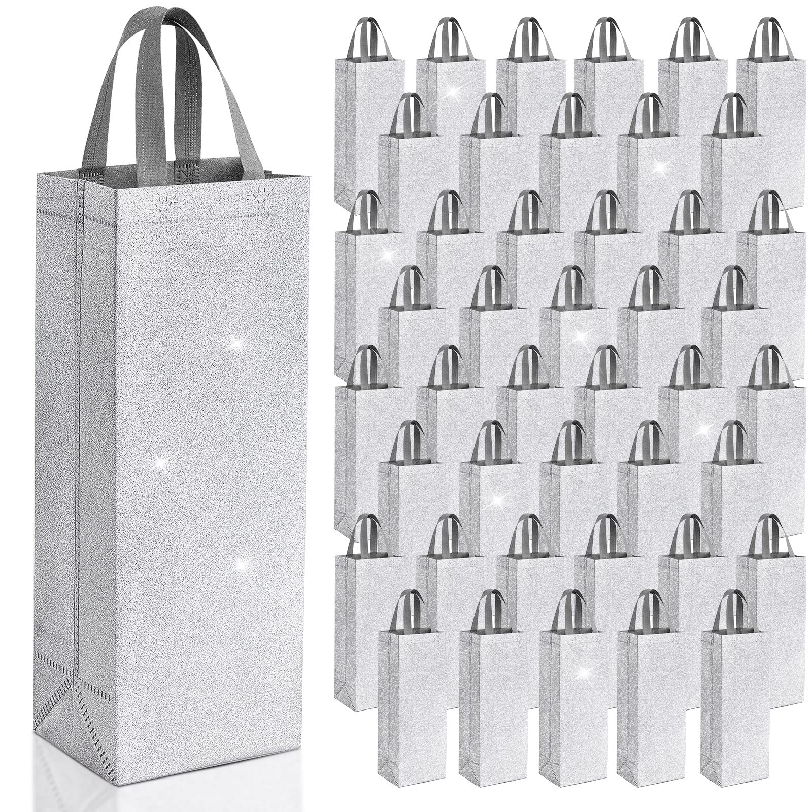 Woanger 48 Pcs Wine Gift Bag Wine Bags for Wine Bottles Gifts Reusable Bags for Gifts Metallic Tote with Handles Glitter Gift Bags Bling Non Woven Bags for Wedding Party Favor Housewarming
