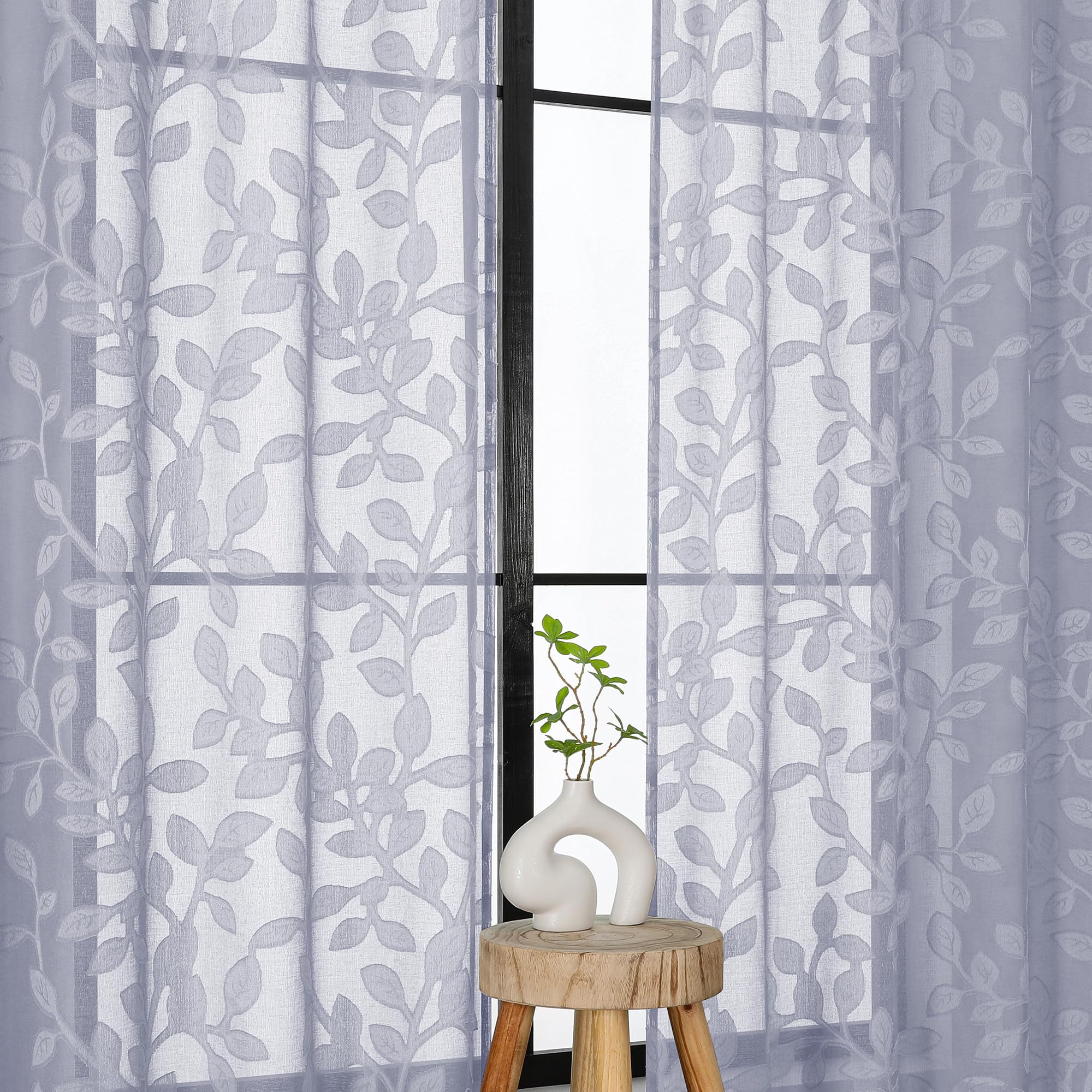 OVZME Light Grey Sheer Curtains 63 inches Long 2 Panels for Living Room, Jacquard Clip Leaf Pattern Textured Light Filtering Window Semi Sheer Voile Drapes for Bedroom, Each Panel 42 x 63 Inch โ image 1