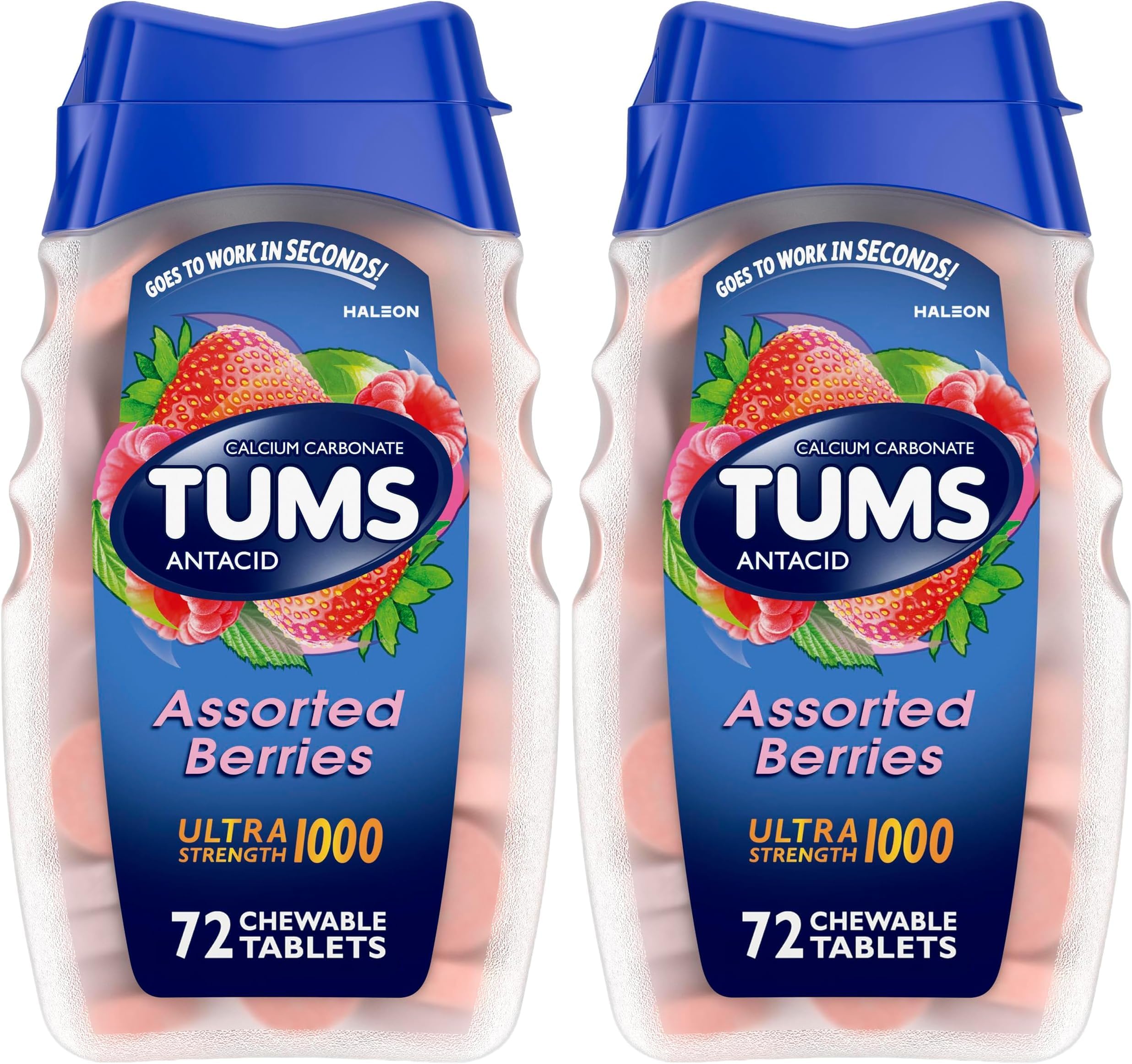 TUMS Ultra Strength Chewable Antacid Tablets for Heartburn Relief and Acid Indigestion Relief, Assorted Berries, 72 Count (Pack of 2)