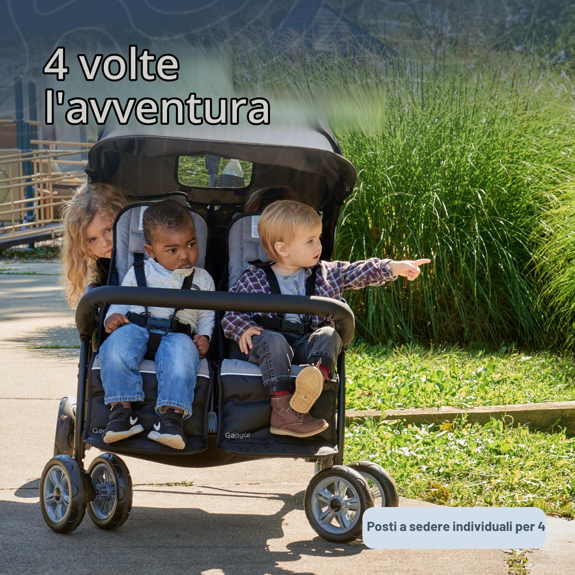 GAGGLE - Compass | Passeggino Quad, Nero | Passeggino a 4 posti, pieghevole, facile da riporre - Da 6 mesi a 4 anni - Imbracatura regolabile a 5 punti | Seggiolini regolabili | Parasole per passeggino