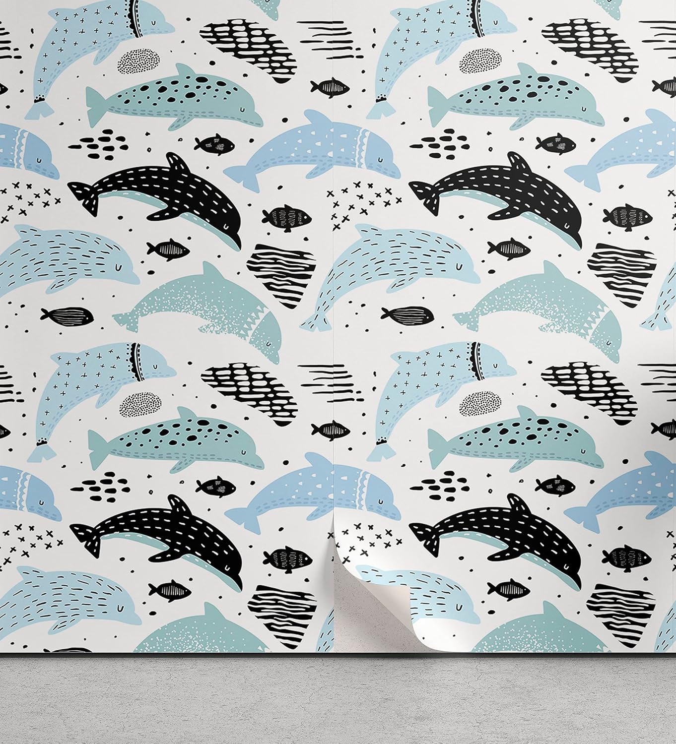 Lunarable Nautical Peel & Stick Wallpaper for Home, Style Swimming Dolphin and Fish Underwater Fauna, Self-Adhesive Living Room Kitchen Accent, 13 x 72, Pale Blue White