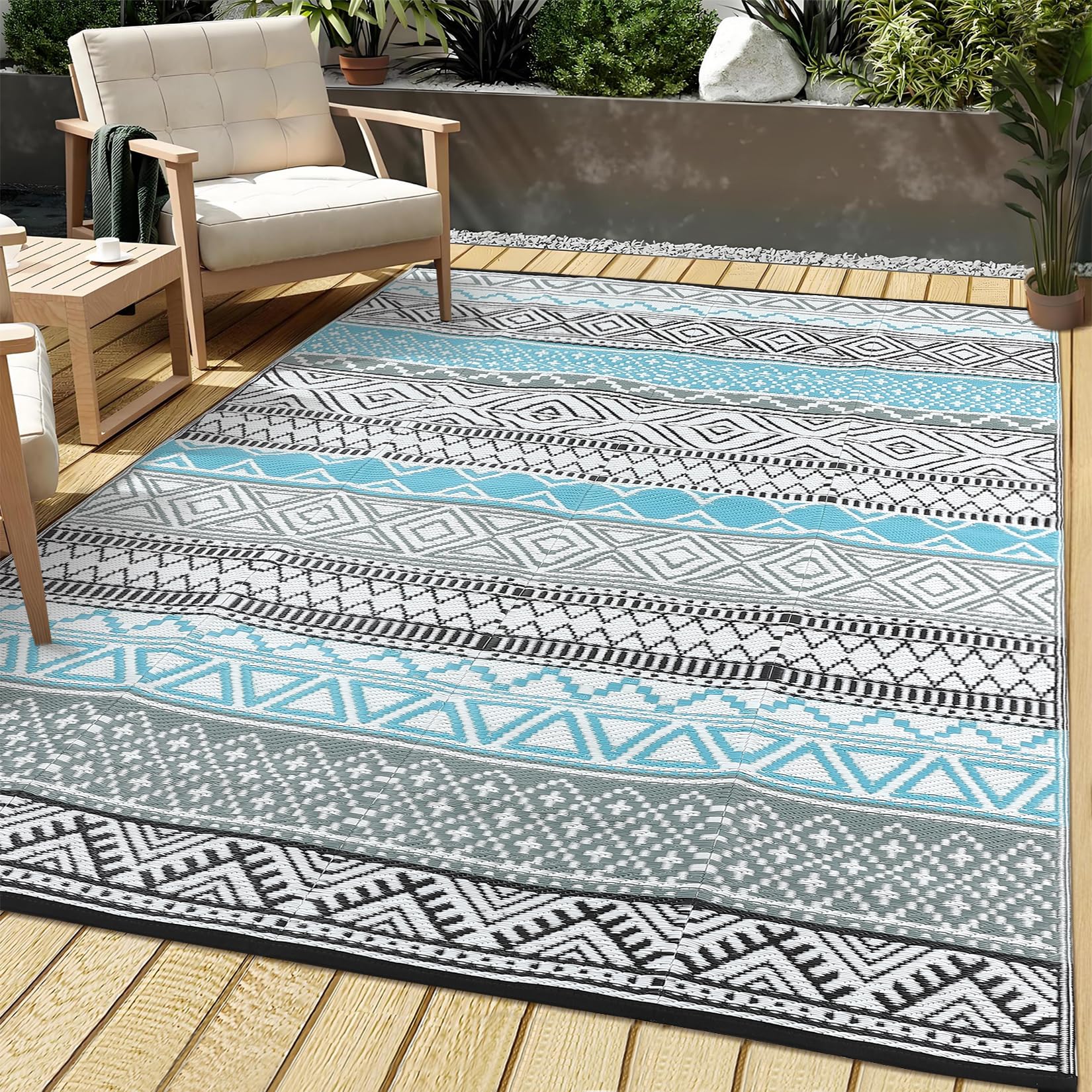 Tappeto da esterno impermeabile 150 x 240 cm reversibile in paglia di plastica per patio campeggio tappeto moquette geometrico per interni ed esterni camper tappeto moquette per cortile, terrazza