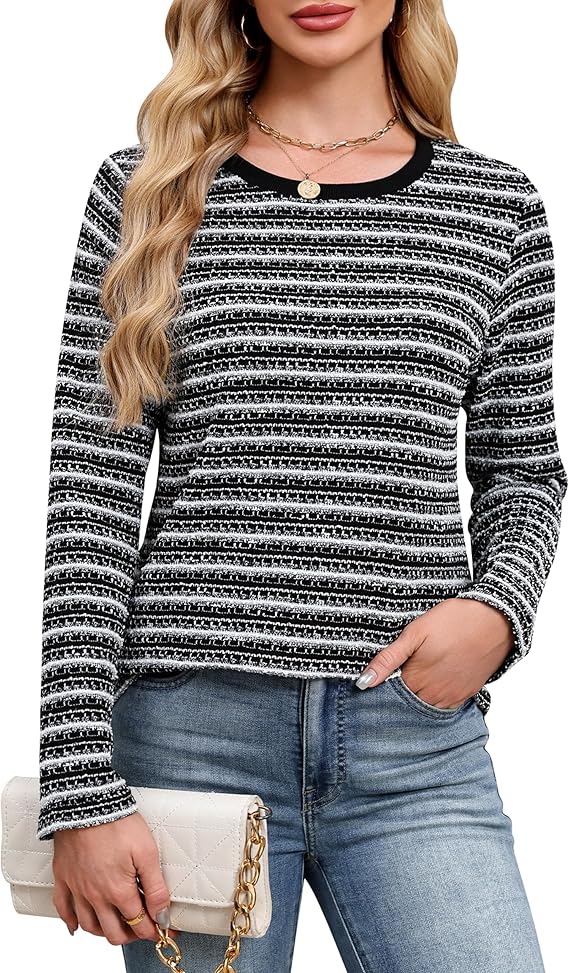 Blooming Jelly Womens Tops Long Sleeve Shirts Striped Tweed T Shirt Dressy Casual Business Crewneck 2025 Fall