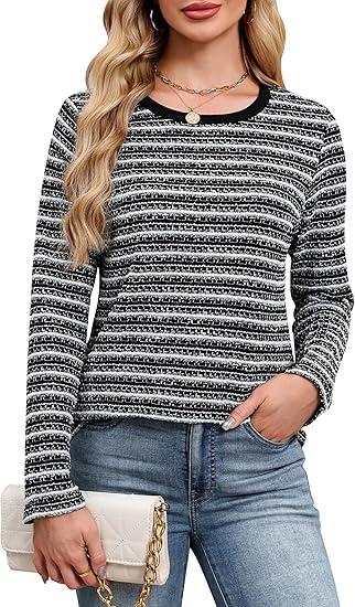 Blooming Jelly Womens Tops Long Sleeve Shirts Striped Tweed T Shirt Dressy Casual Business Crewneck 2025 Fall