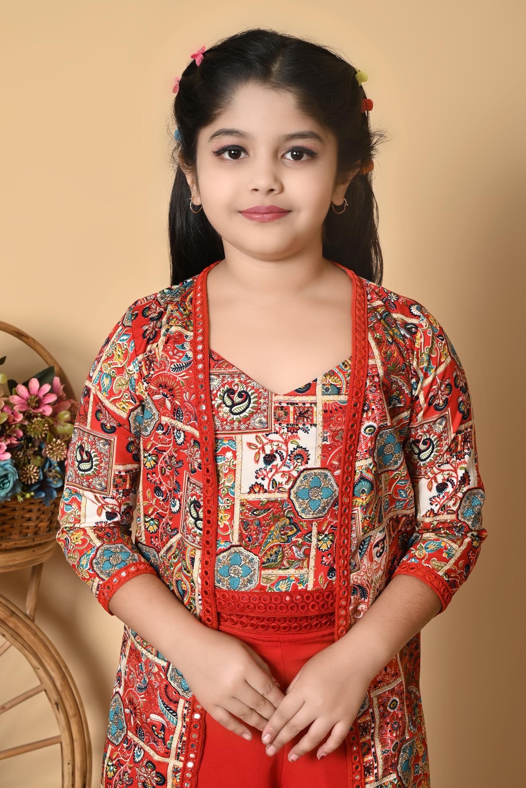 SPAMitude - Girls Self Designed Premium Cotton Blend Top Pant Jacket | 3pcs Party Dress for Girls I V Neck Stylish Sleeve Design Dress for Birthday Girl (Red, 10-11 Years) - Image 6 thumbnail