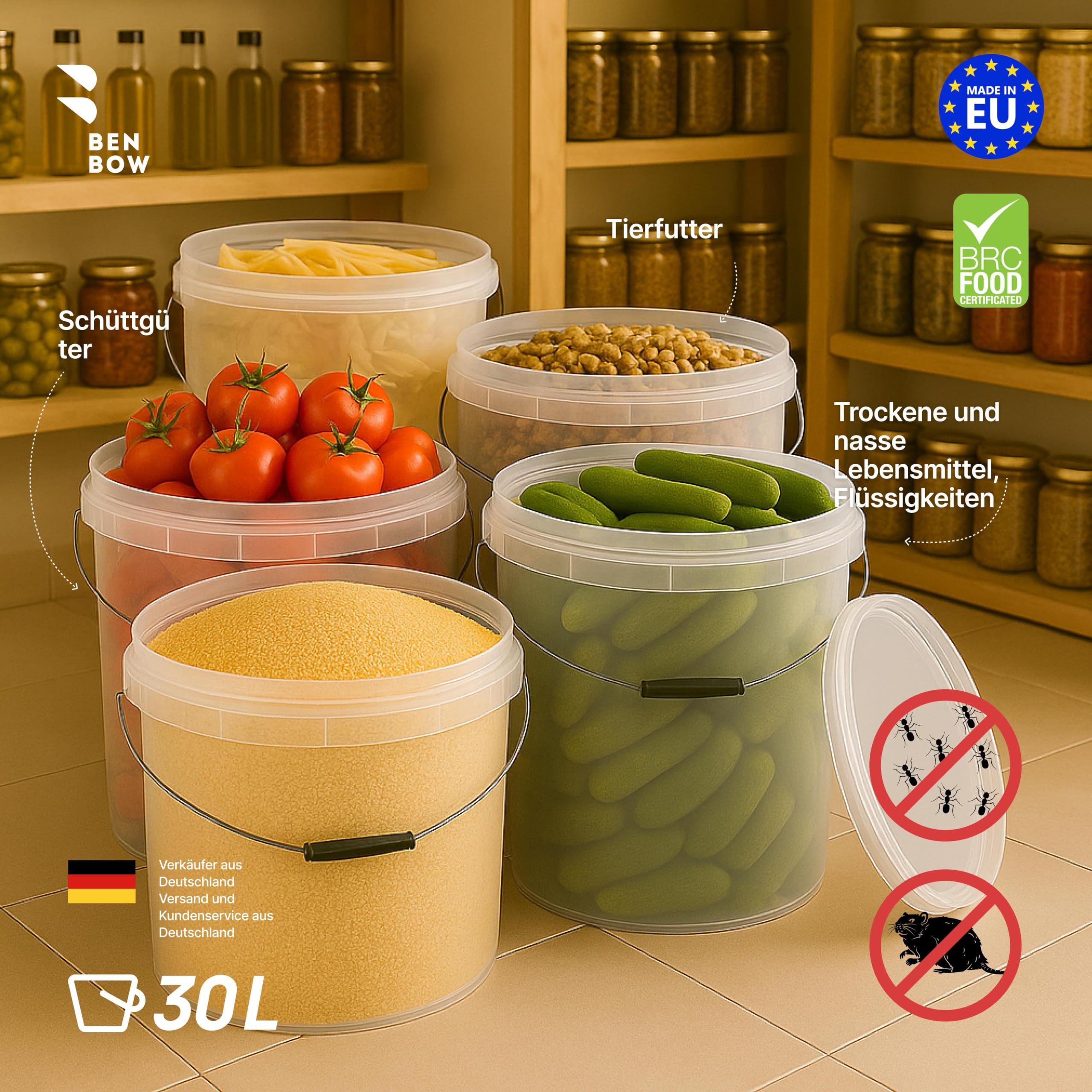 BenBow Eimer mit Deckel 30L Transparent - 180 Stück - Palette - lebensmittelecht, stabil, luftdicht, auslaufsicher, geruchsneutral - Vorratsbehälter aus Kunststoff - leer