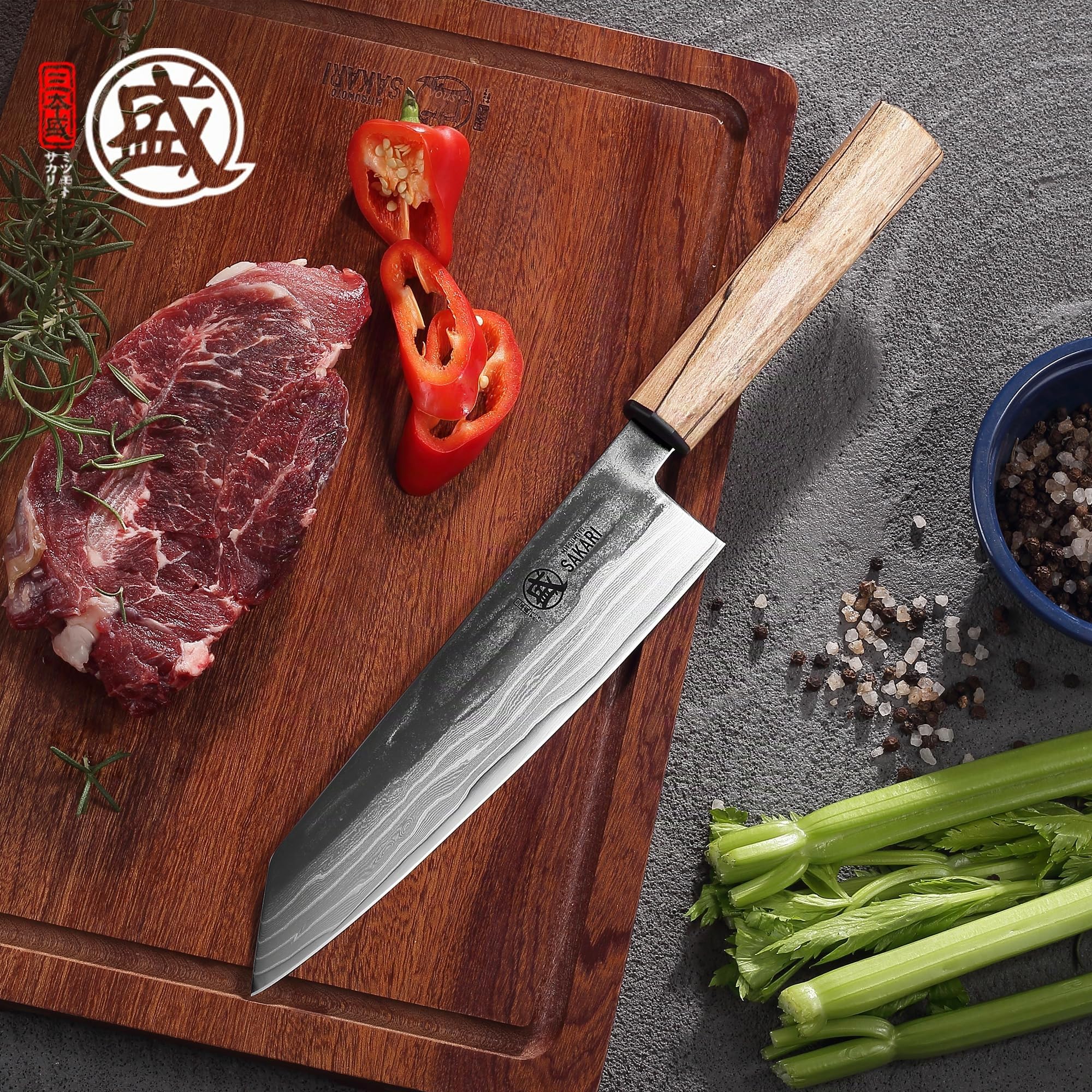 MITSUMOTO SAKARI 20 cm Kiritsuke Couteau de Cuisine, Couteau Damas | Acier Damassé à 129 Couches en Acier CPM S35VN en Poudre, Couteau de Cuisine Japonais Forgé à La Main