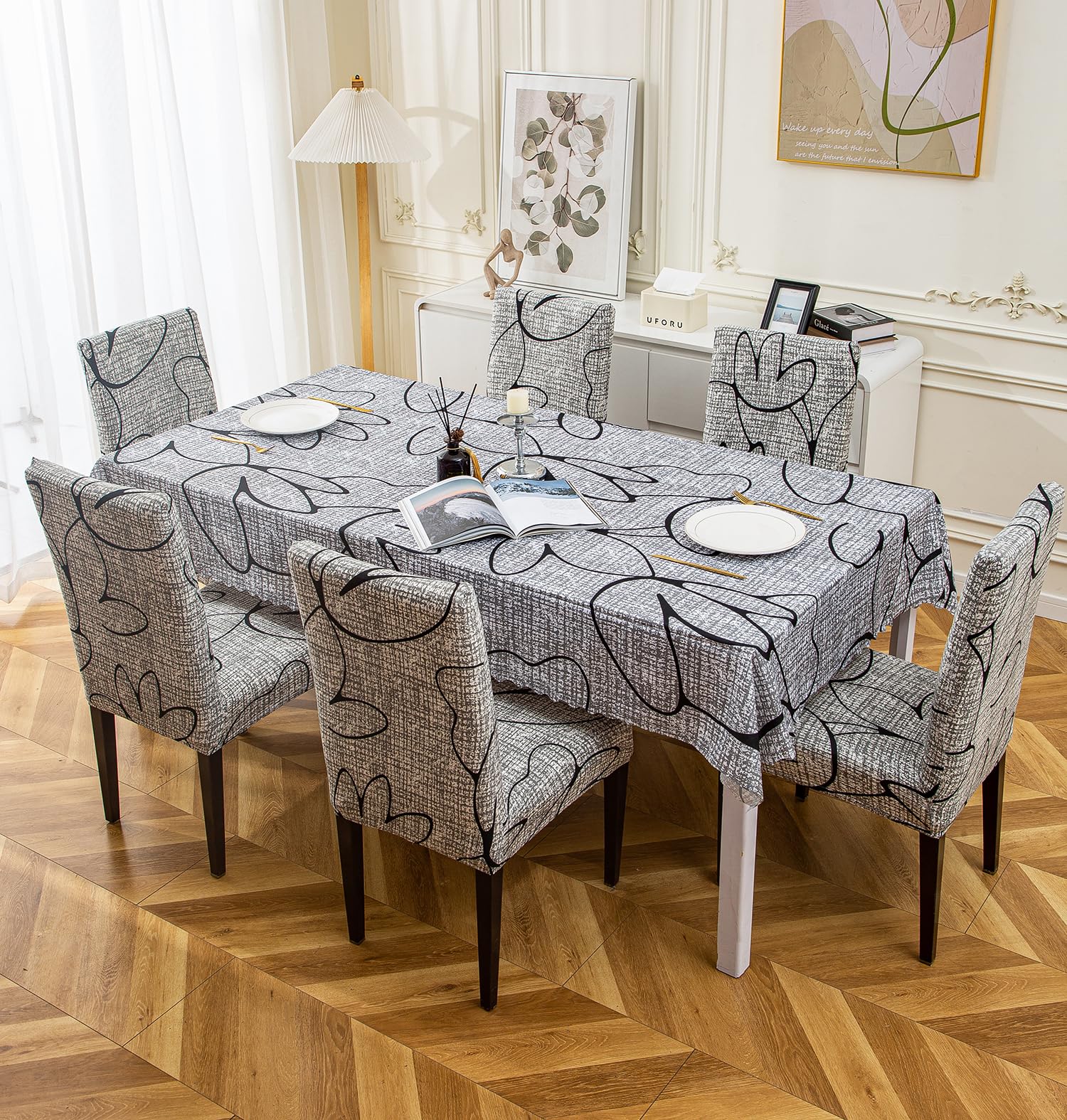 House of Quirk Polyvinyl Chloride (PVC) Rectangular Dining Table Cover Waterproof with 6 Chair Covers for Kitchen Dining Table Cloth Dust and Oil Repellent (Grey Bloom, 1 Table Cover + 6 Chair Cover)