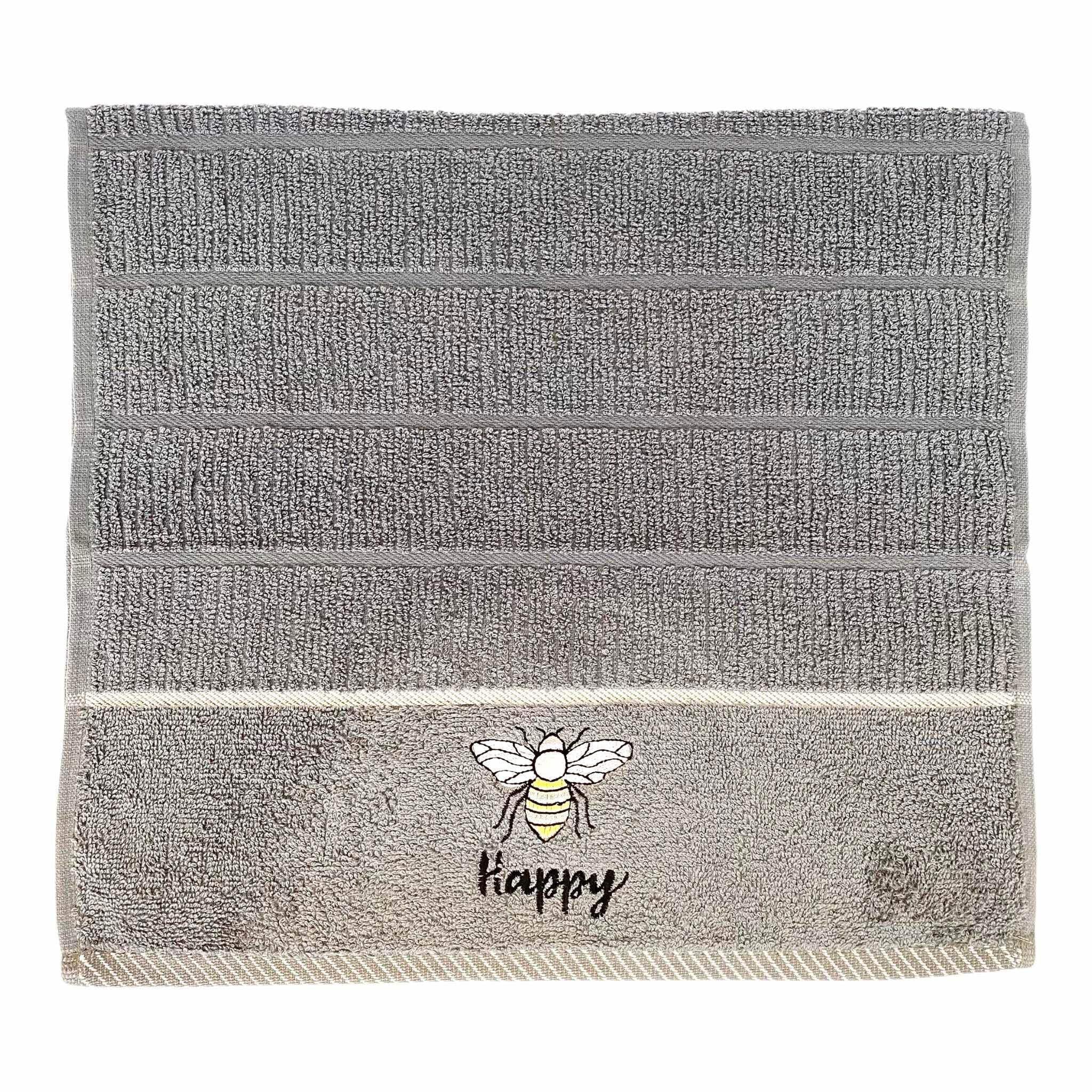 Bluearth Grey Riggs 100% Cotton 3 Pack 'Bee Happy' Bee Design Kitchen Hand Tea Towels In Charcoal