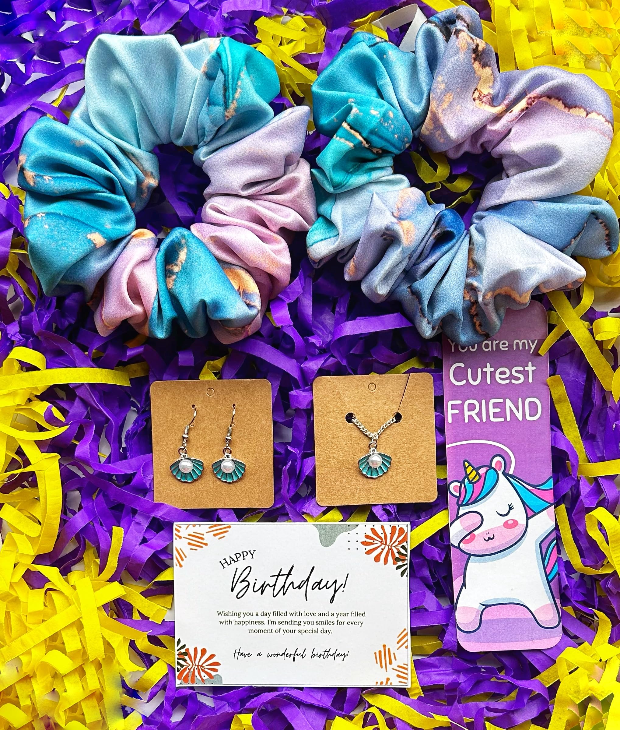 Birthday Gift Combo 2 Marble Theme Print Scrunchies, 1 Blue Sea Shell Style Chain, 1 Blue Sea Shell Style Earring, Bookmark and Birthday Card for Women and Girls (B0D9XXRRB5) Amazon Price History, Amazon Price Tracker
