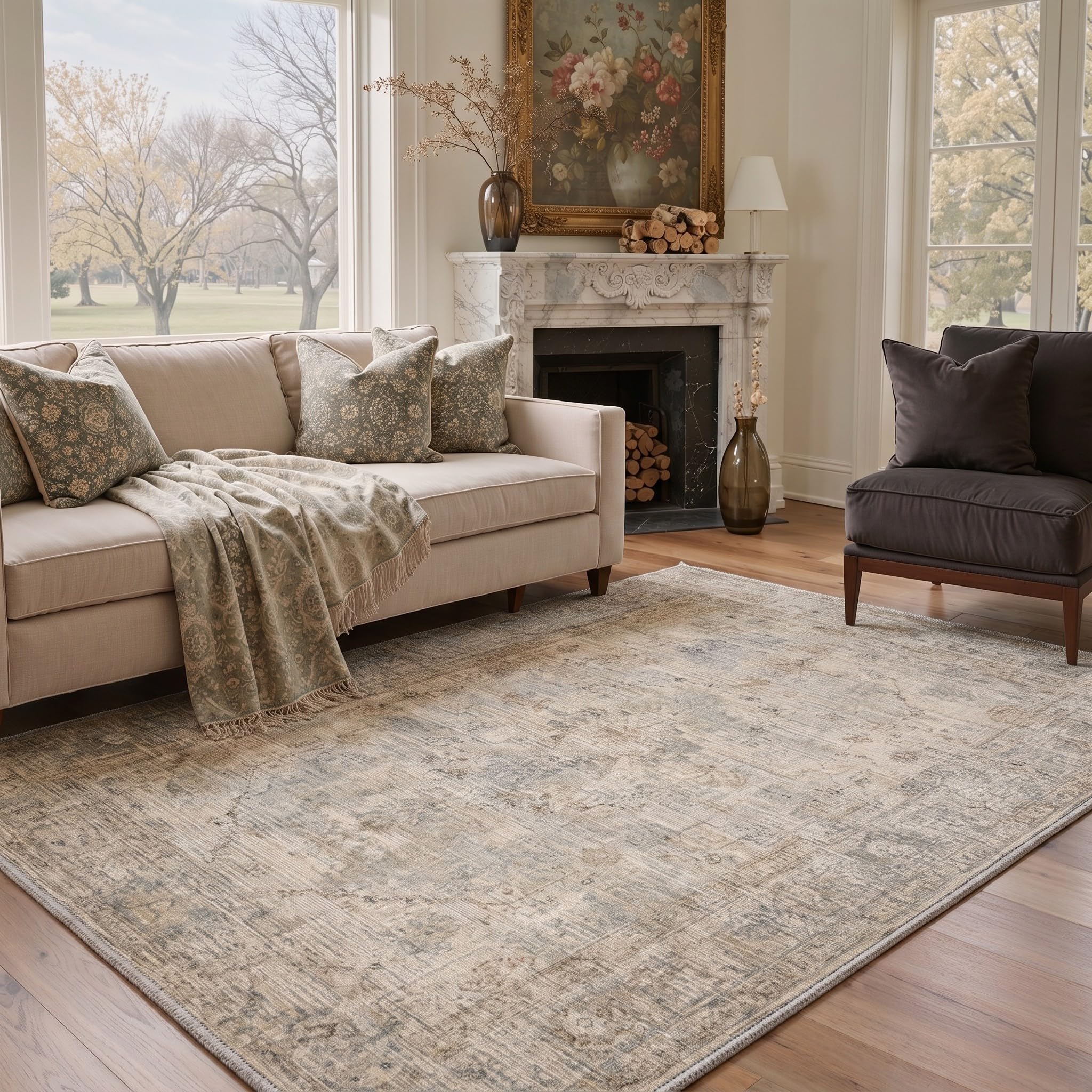 BEIMO Tapis Salon 160x230 cm Vintage Style Persan Antidérapant pour Salon ou Chambre Ochre Bloom