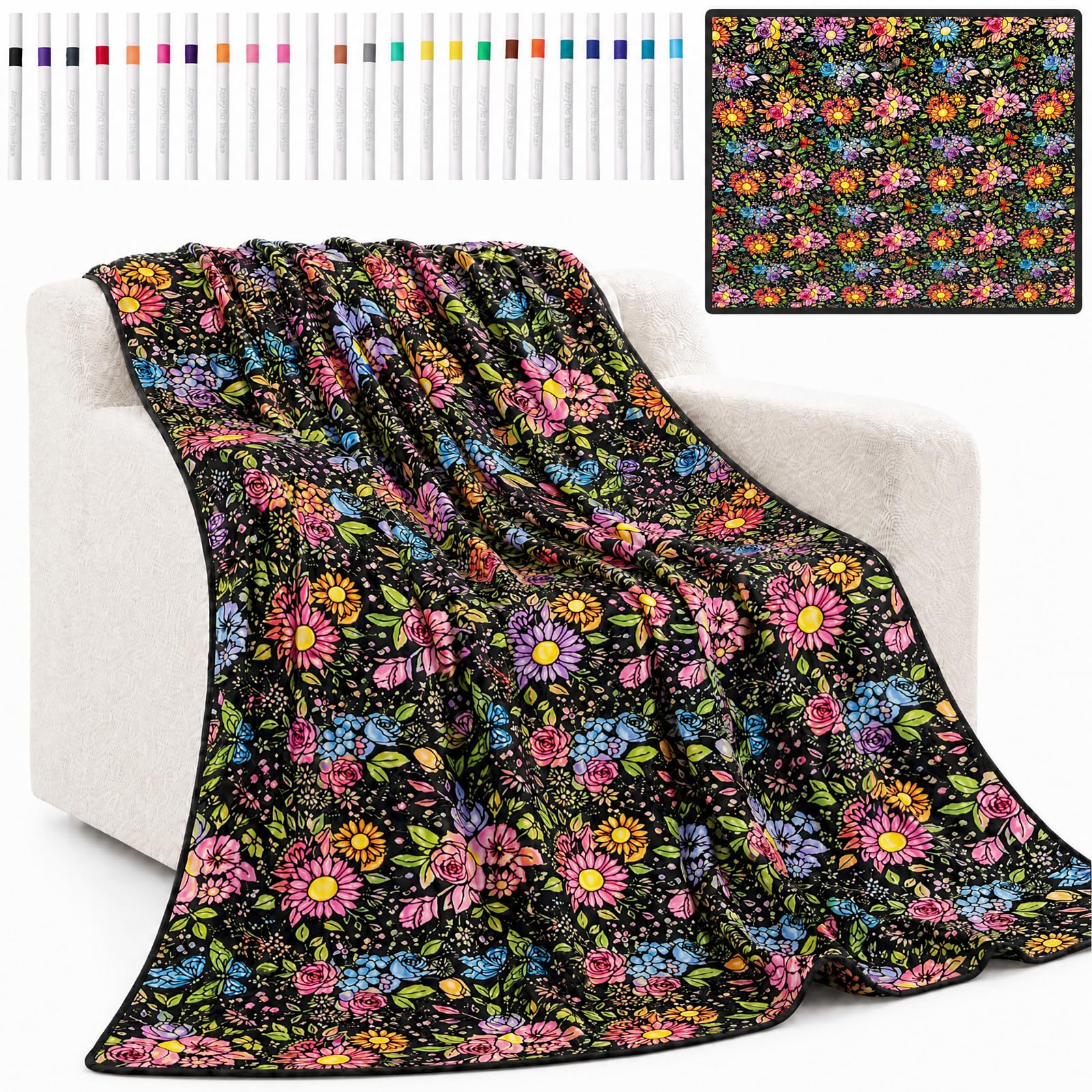 Shaojian Flower Diy Colouring Blanket With 24 Fabric Markers, 150X115cm Sofa Throw Blanket For Home Bedroom Decor, Diy Colour Your Own Art Craft Kit For Adults(Flower)