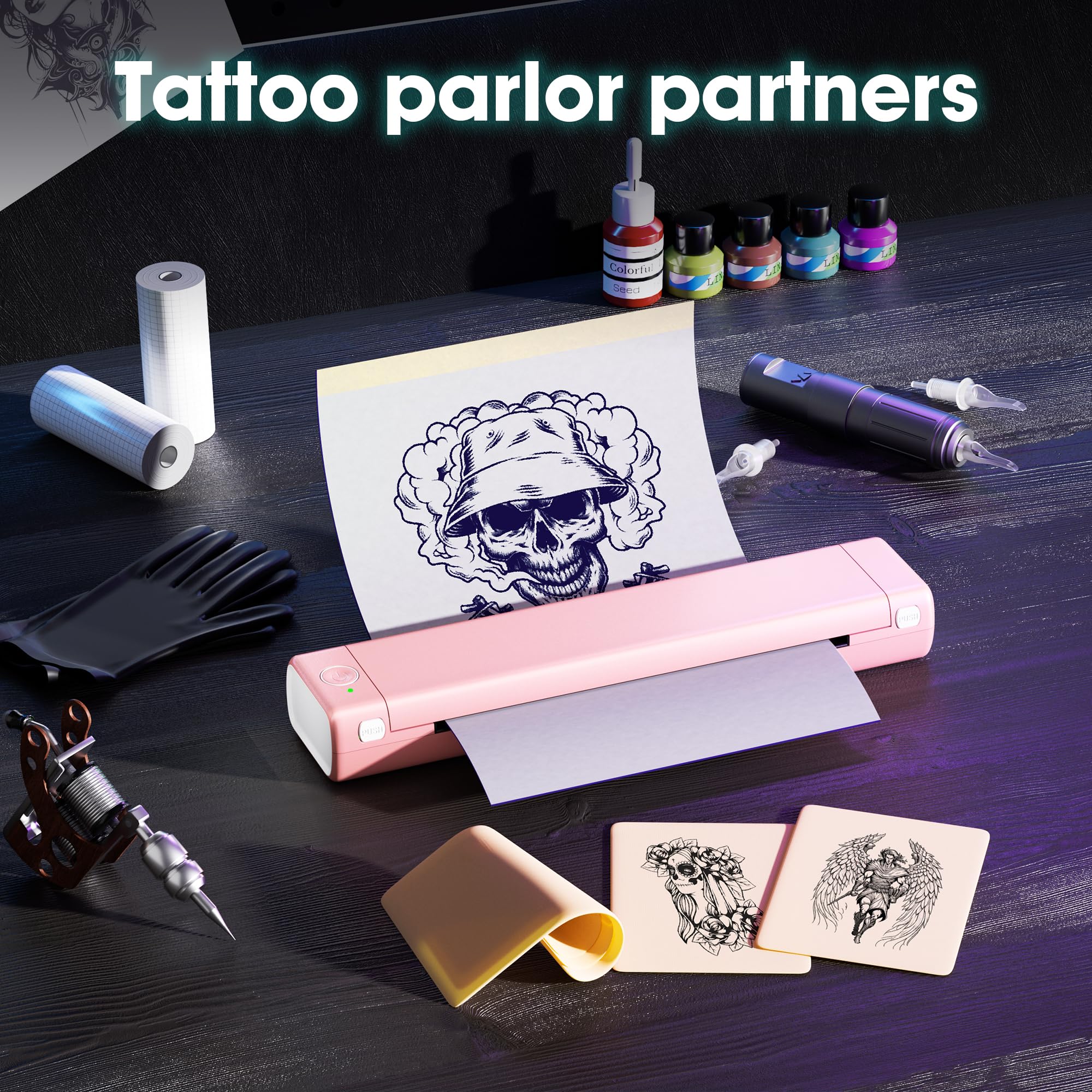 Tattoo Drucker, Tattoo Stencil Drucker mit 10 Blatt Stencil Papier für Tattooing, Thermodrucker Tattoo Kompatibel mit IPad & Telefon & PC für Tattoo Künstler und Anfänger DIY Tattoos, Rosa