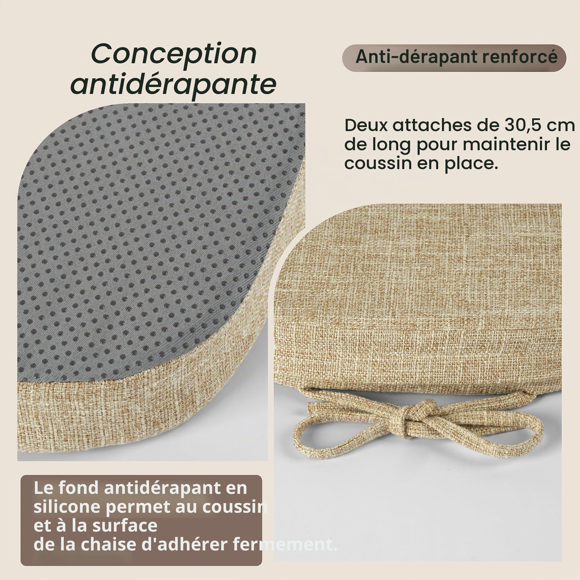 OVOV Lot de 4 coussins de chaise antidérapants texturés épais avec attaches et housse amovible pour chaises de salle à manger en métal (35,5 x 35,5 x 5 cm, beige)