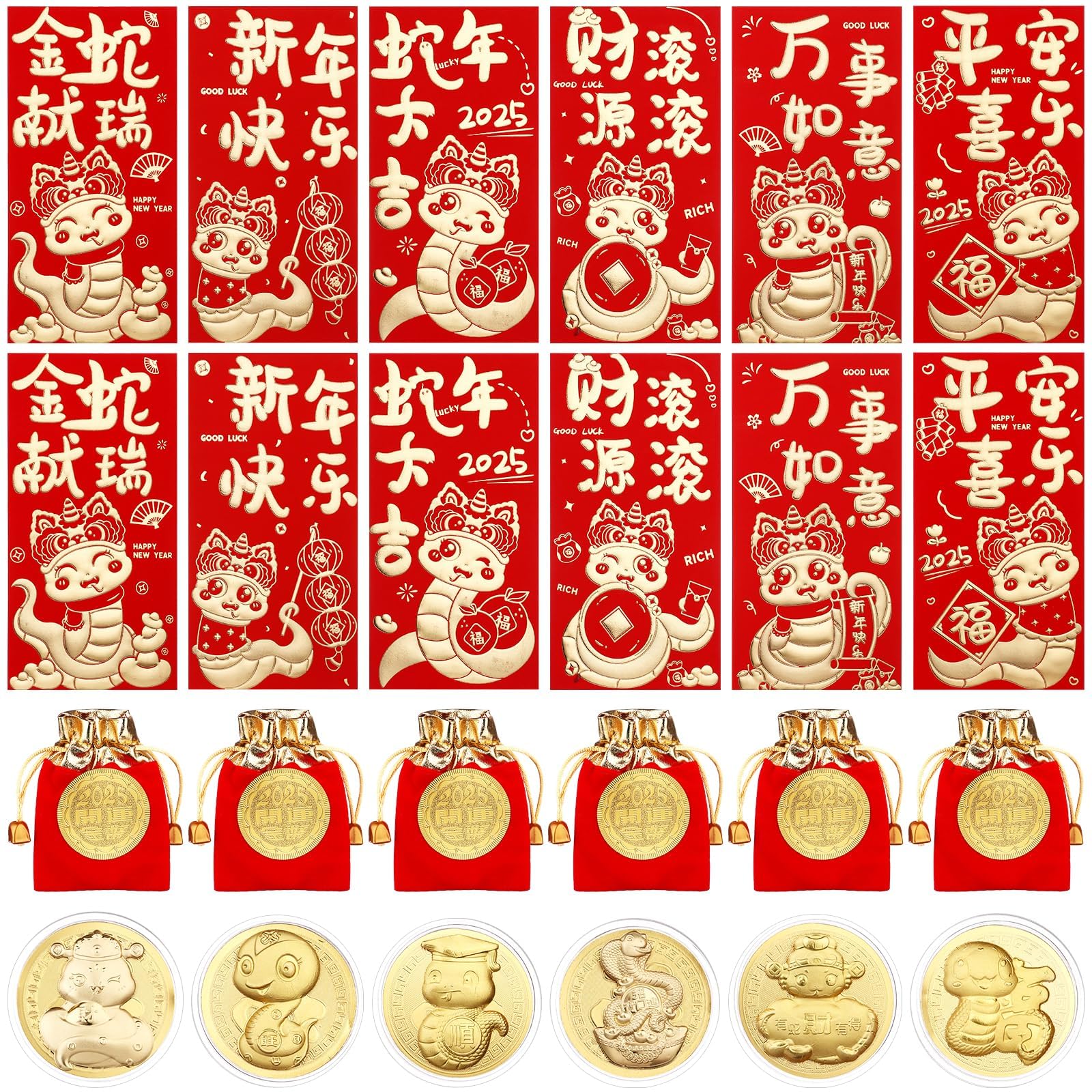 24 Pcs Chinese New Year Red Envelopes 2025 - Year of Snake Gift With Lucky Feng Shui Coins - Hong Bao Money Packets
