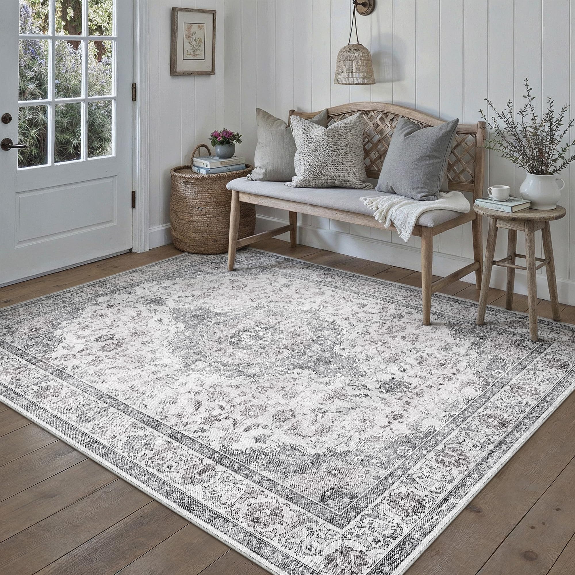 hugear 2x6 runner rug hallway vintage grey machine washable neutral floral low pile carpet vacuumable thin long throw rug bedroom office bathroom kitchen laundry non slip soft lightweight