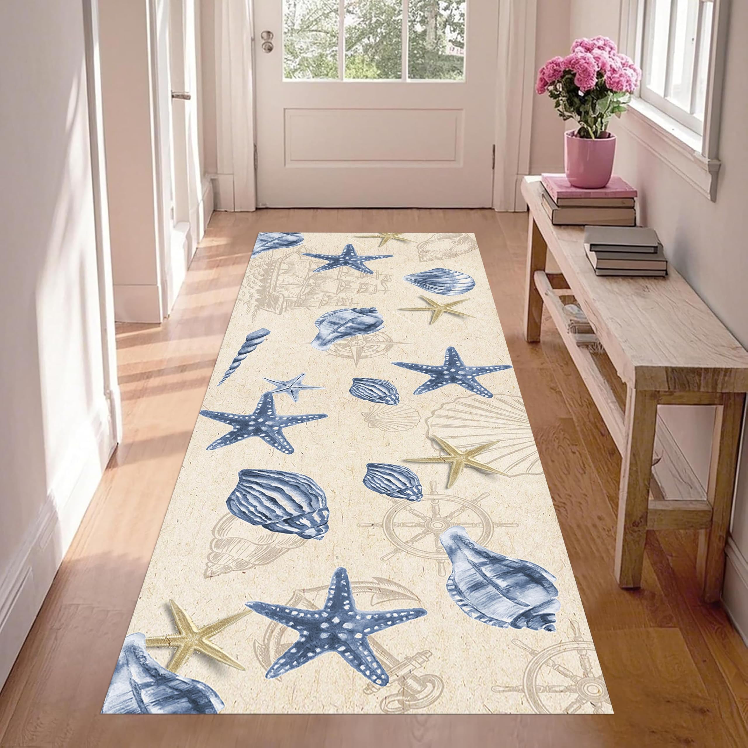 LHOMKCV Nautical Theme Runners Rug, 60x150cm, Sailboat Compass Sea Life Conch Long Hallway Rugs, Entrance Washable Low Pile Fade Resistant Runner Carpet for Playroom Dining Room