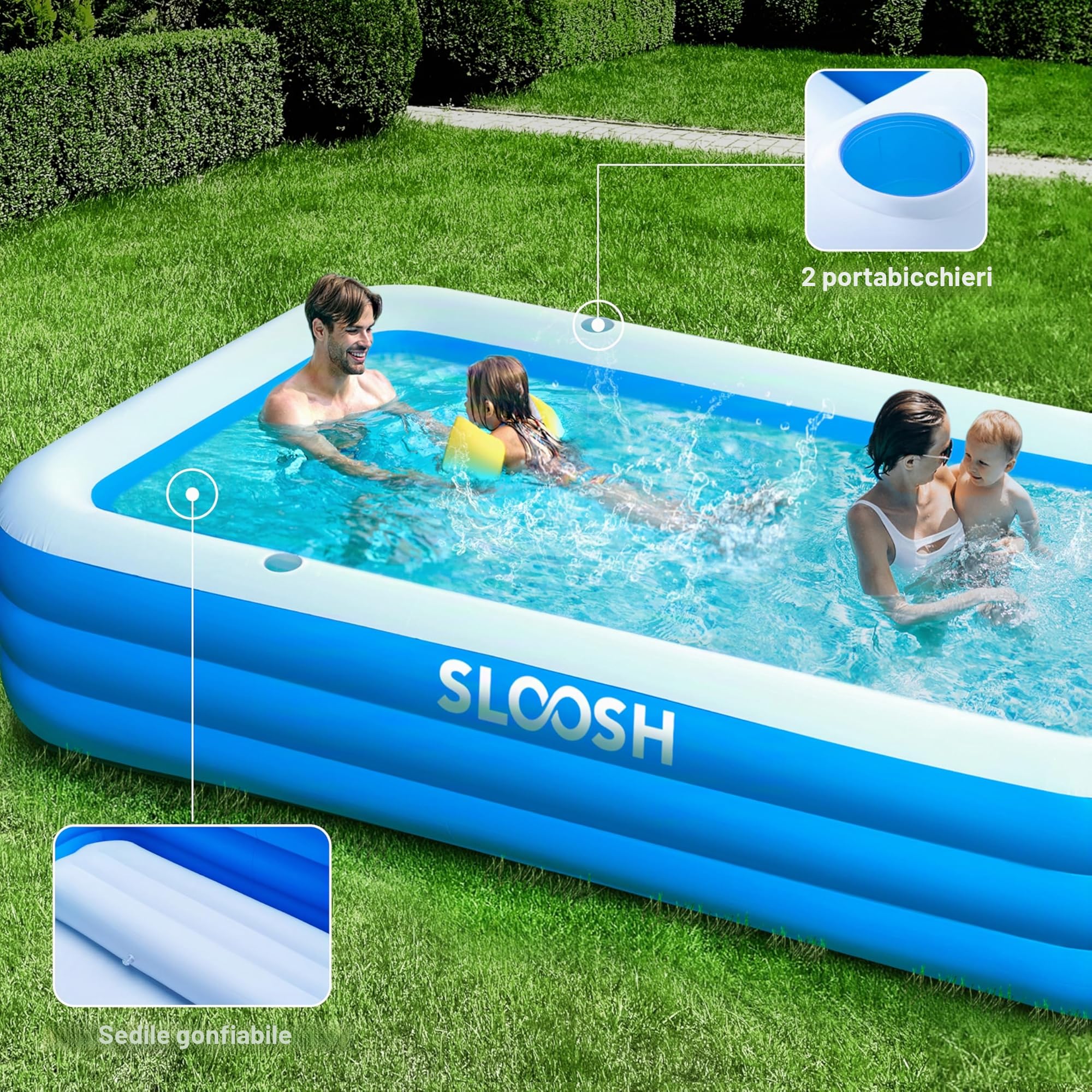 Sloosh Piscina Gonfiabile con Sedili, 304,8 x 182,8 x 55,8 cm, Piscina Fuori Terra di Grandi Dimensioni, Spessa e Resistente, Perfetta per Feste Estive in Giardino, Cortile o Prato, Blu