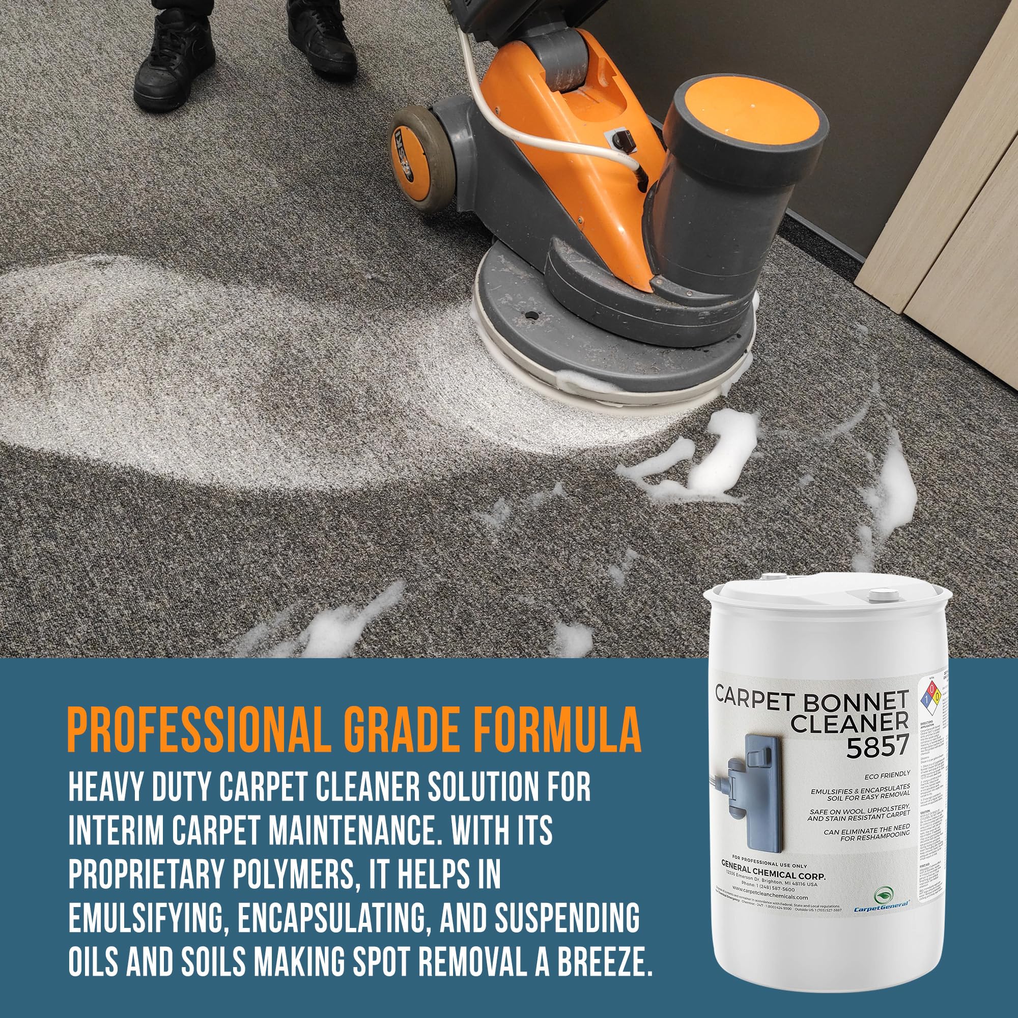 CarpetGeneral Bonnet Cleaner 5857 - Heavy Duty Shampoo Carpet Freshener Solution for Machine - Fast Drying & Pet Safe Carpet Shampoo for Rotary Cleaners, Commercial, & Industrial Use - 55 Gallon