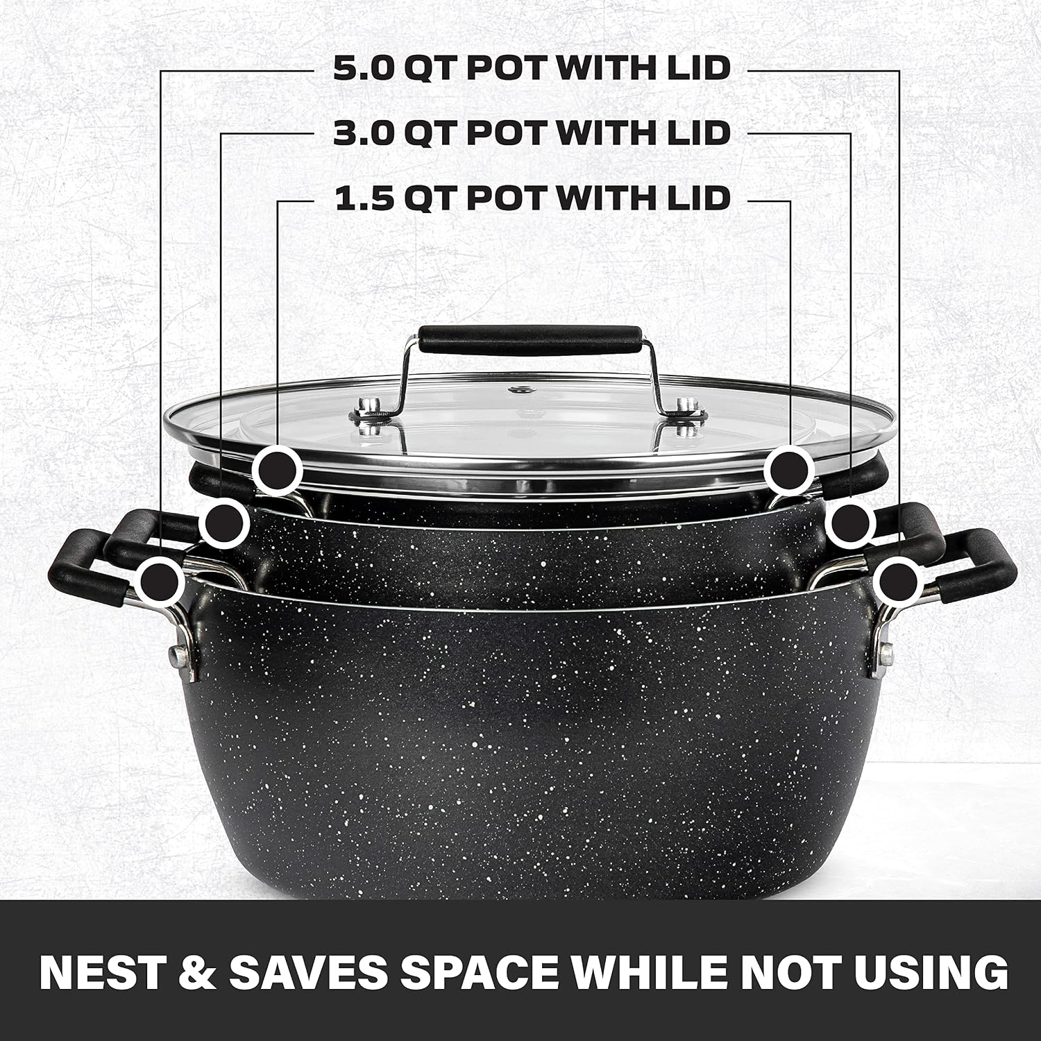 Granitestone 6PC Stackable Pot Set, Nesting Non Stick Pots with Lids, Cooking Pots Set, Stock Pot Set with 1.5qt, 3qt & 5qt Pots with Lids, Induction Capable, Dishwasher Safe, 100% Toxin Free - Black