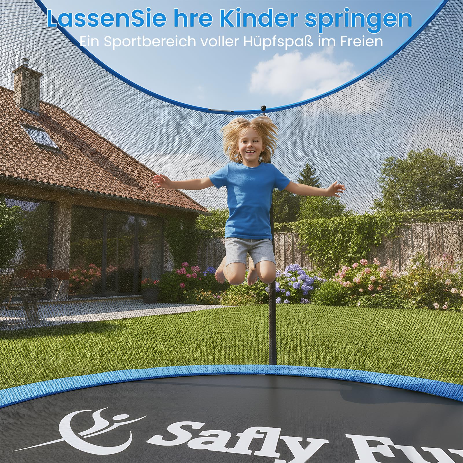 Safly Fun Trampolin Outdoor Ø 244/305/366 cm with Montagezubehör, Trampolin Kinder, Bodentrampolin, Die Maximale Tragfähigkeit Beträgt 50-150 kg, Für Erwachsene, Kinder und Familien