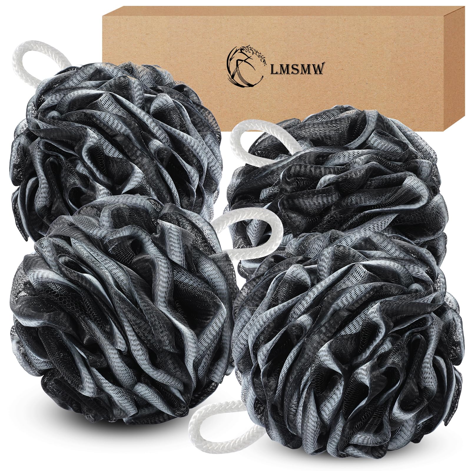 Bath Body Poufs 4 Pack - Exfoliating Luffa Sponges for Men Women, Charcoal Shower Mesh Pouf Loofah Sponge Bath Puffs Scrunchie Body Scrubbers Bathing Cleaning Loofahs Lufa Lofa Loffa Pad