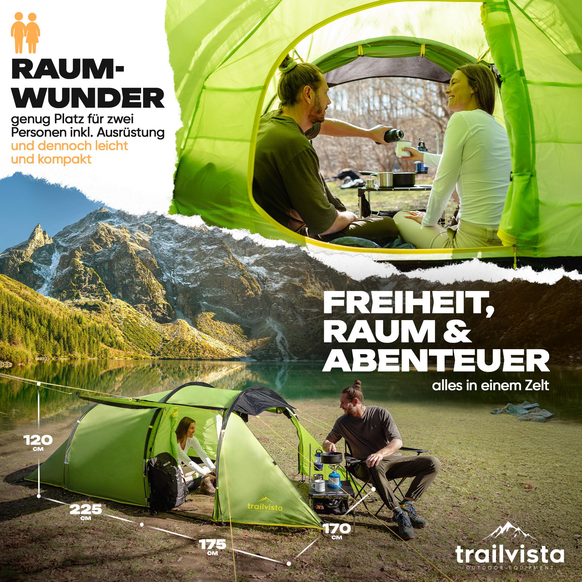 Tienda de campaña impermeable para 2 y 4 personas, tienda de campaña tipo túnel con toldo y protección contra mosquitos, tienda de campaña familiar ligera y estable, montaje rápido, tienda